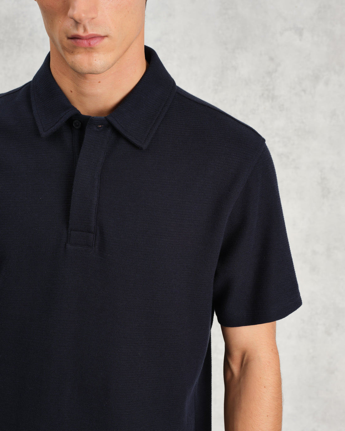 wax london men's Shore - Navy Textured Organic Cotton Polo Shirt