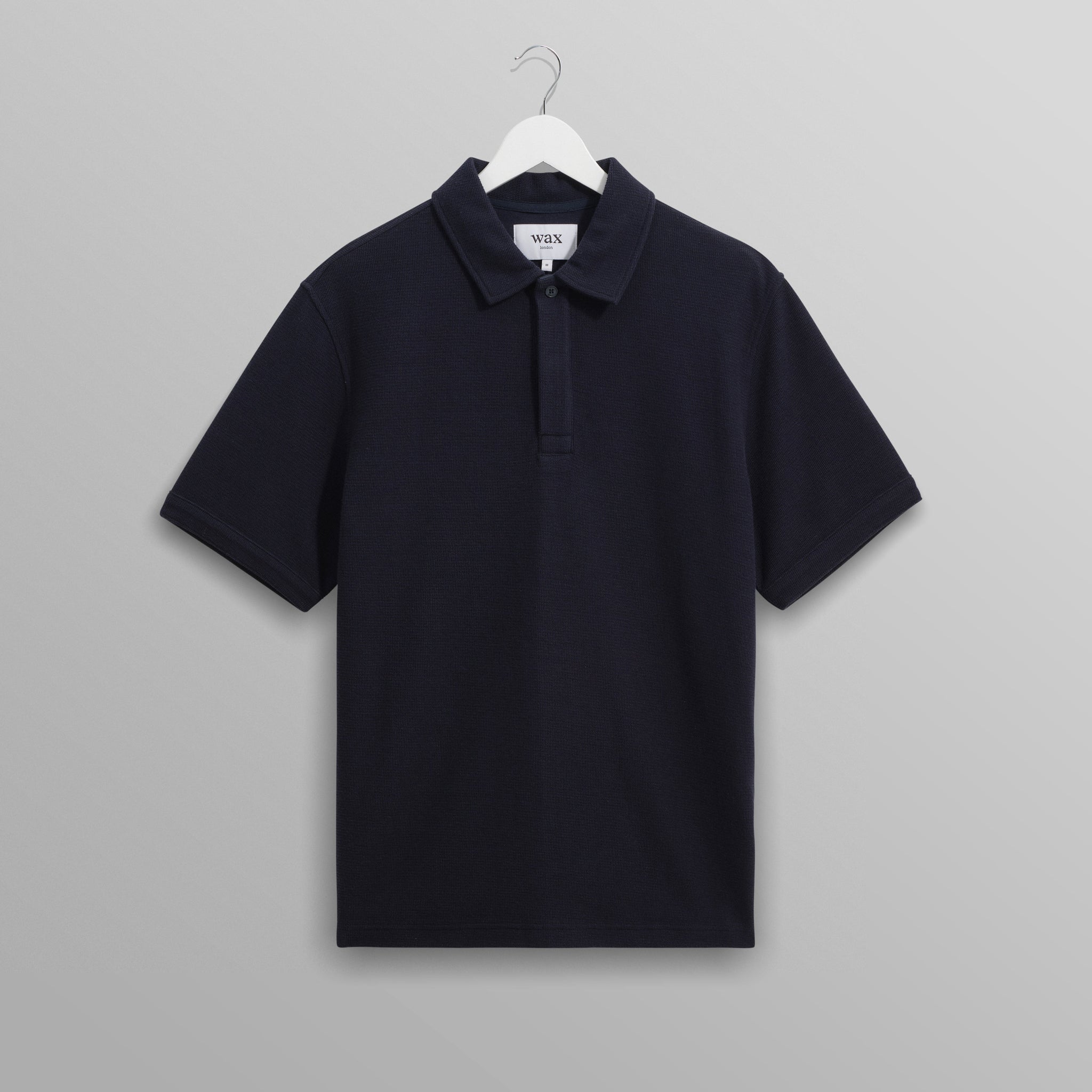 wax london men's Shore - Navy Textured Organic Cotton Polo Shirt