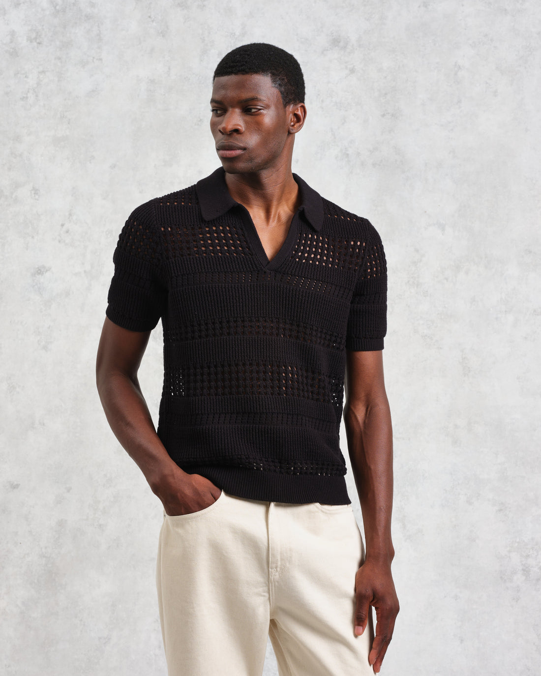 wax london men's Siena - Black Pointelle Knitted Polo