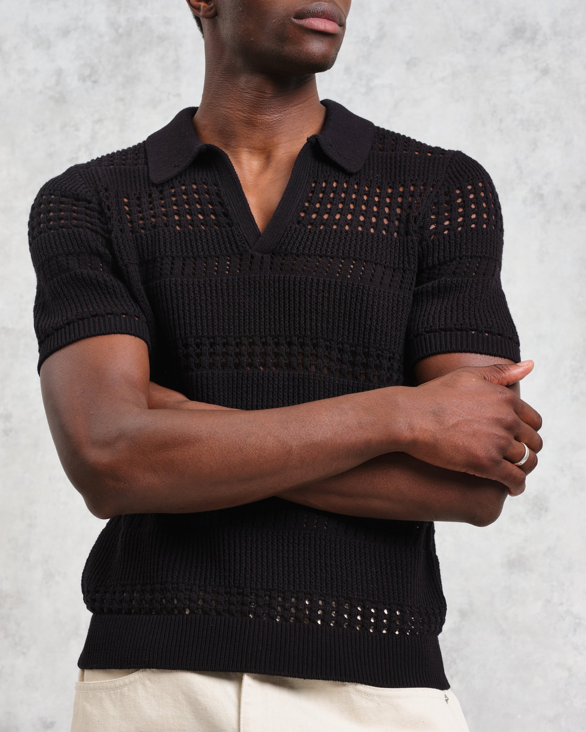 wax london men's Siena - Black Pointelle Knitted Polo