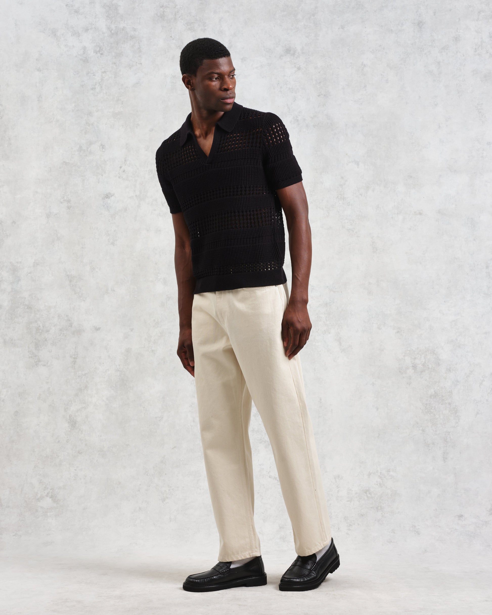 wax london men's Siena - Black Pointelle Knitted Polo