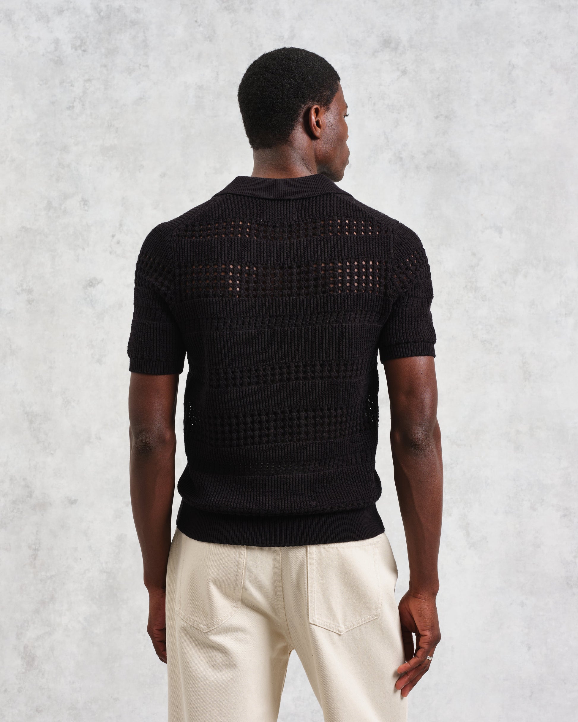 wax london men's Siena - Black Pointelle Knitted Polo