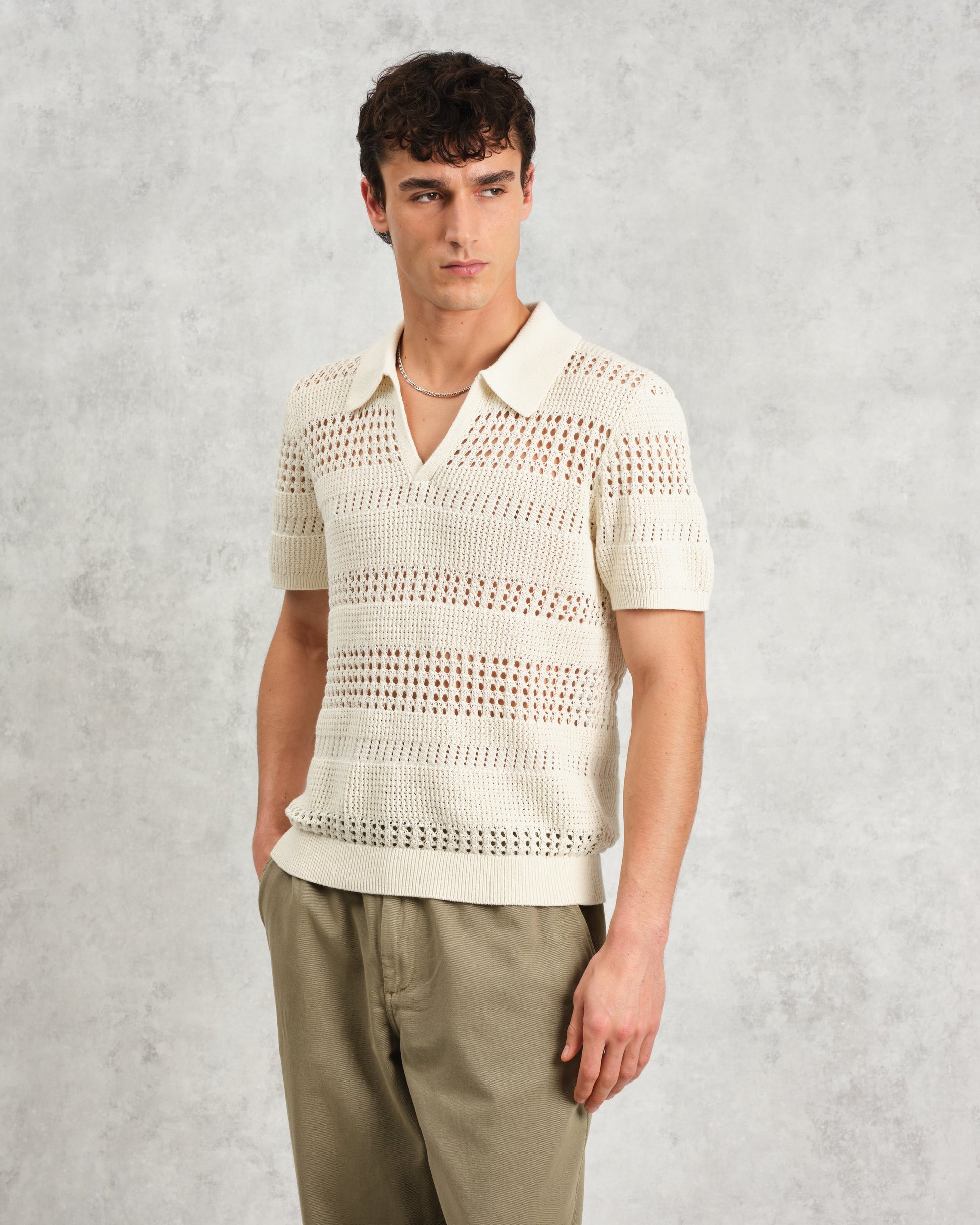 wax london men's Siena - Ecru Pointelle Knitted Polo