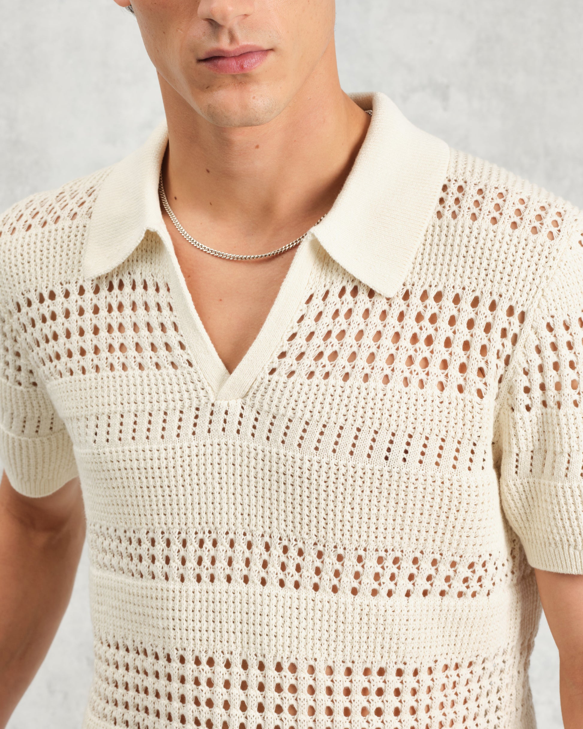 wax london men's Siena - Ecru Pointelle Knitted Polo