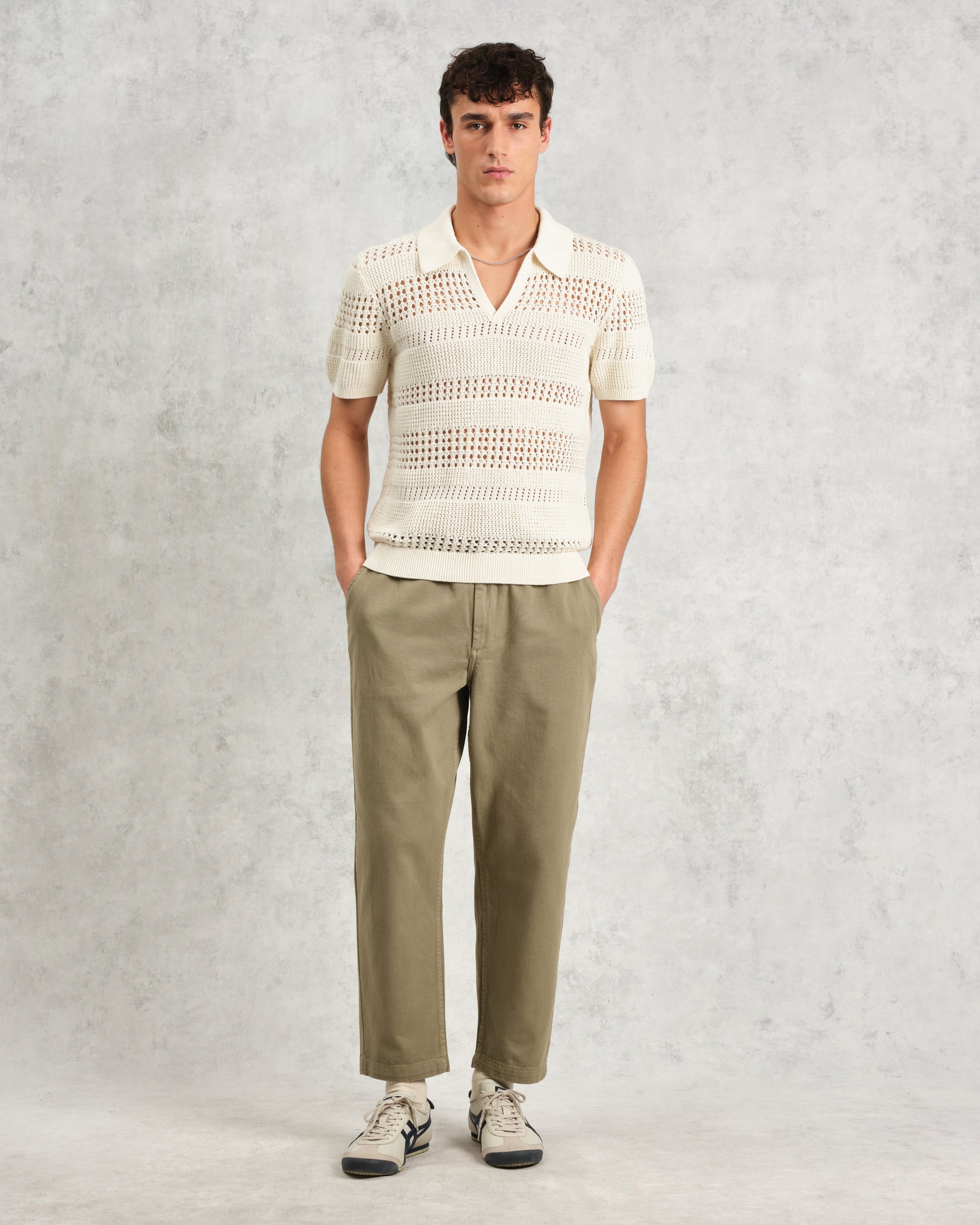 wax london men's Siena - Ecru Pointelle Knitted Polo