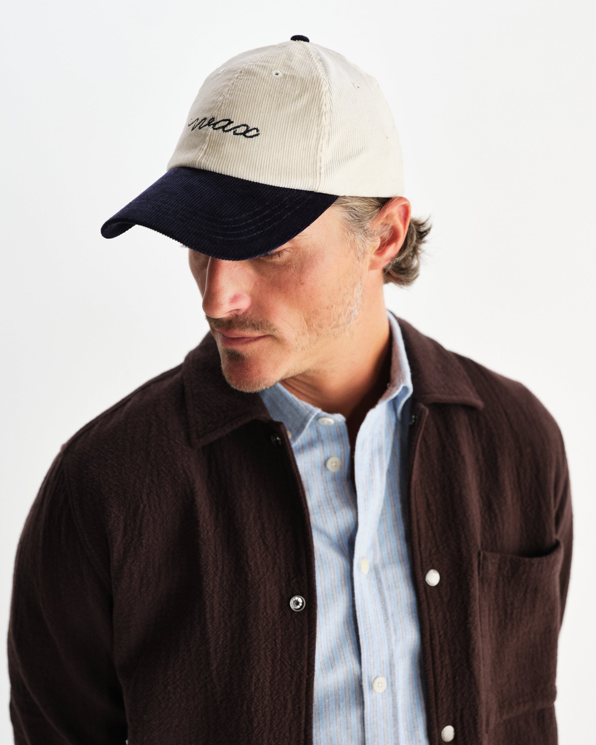 wax london men's Spencer - Ecru And Navy Corduroy Sports Cap