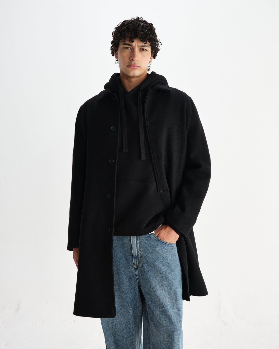 wax london men's Stan - Black Plain Wool Twill Car Coat