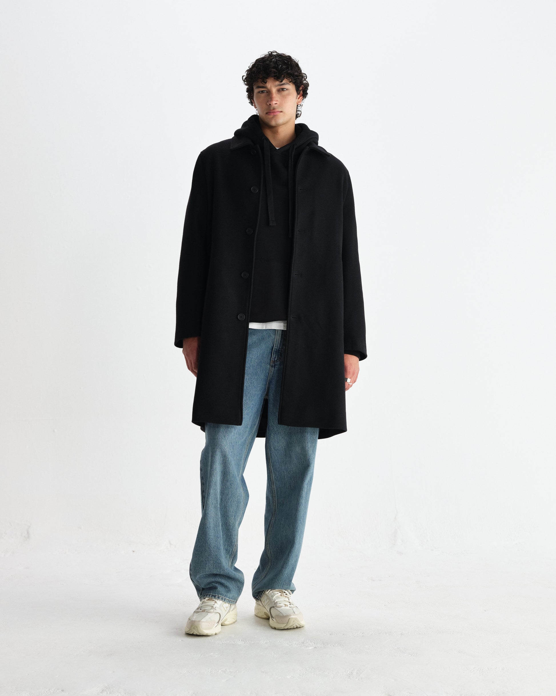 wax london men's Stan - Black Plain Wool Twill Car Coat