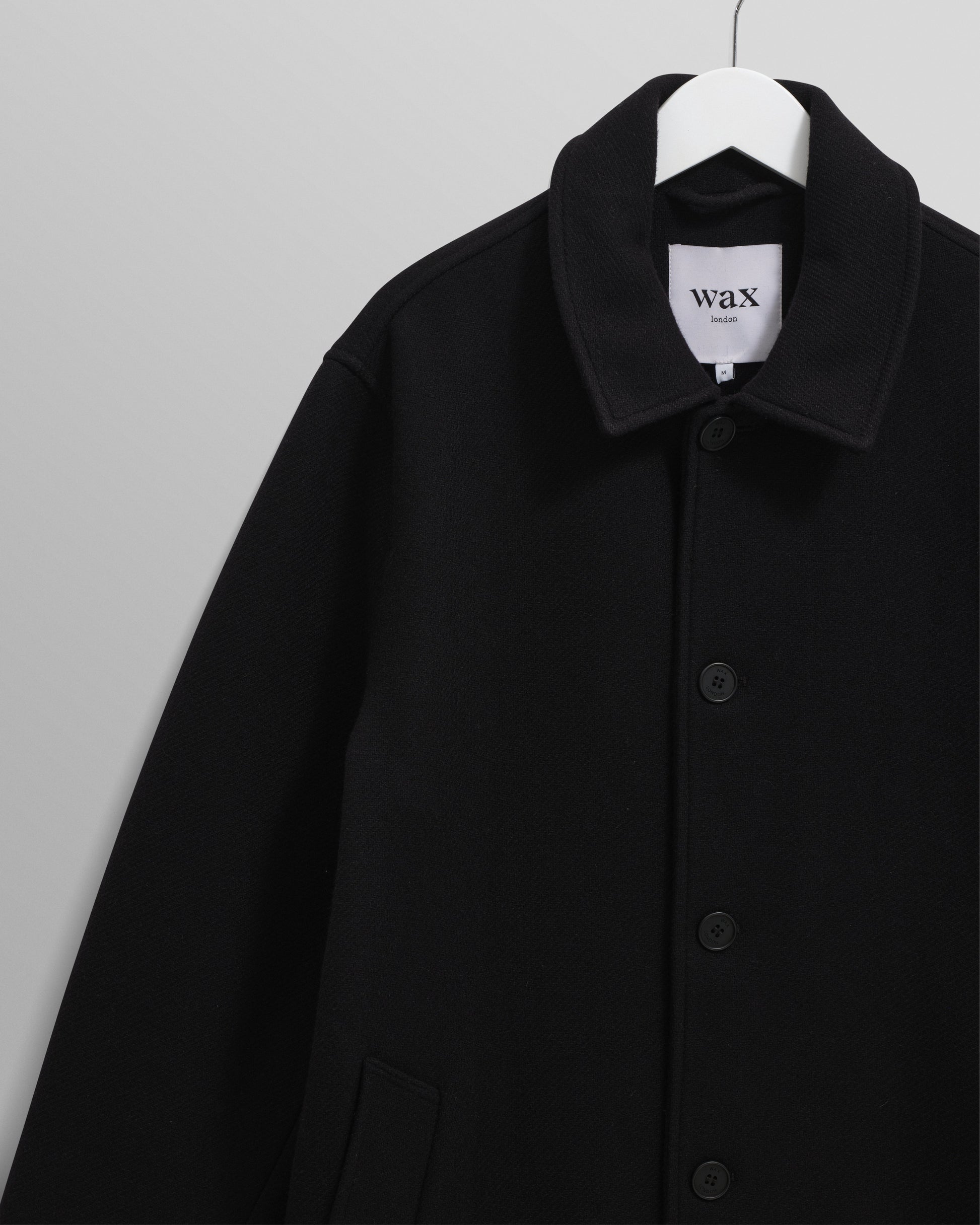 wax london men's Stan - Black Plain Wool Twill Car Coat