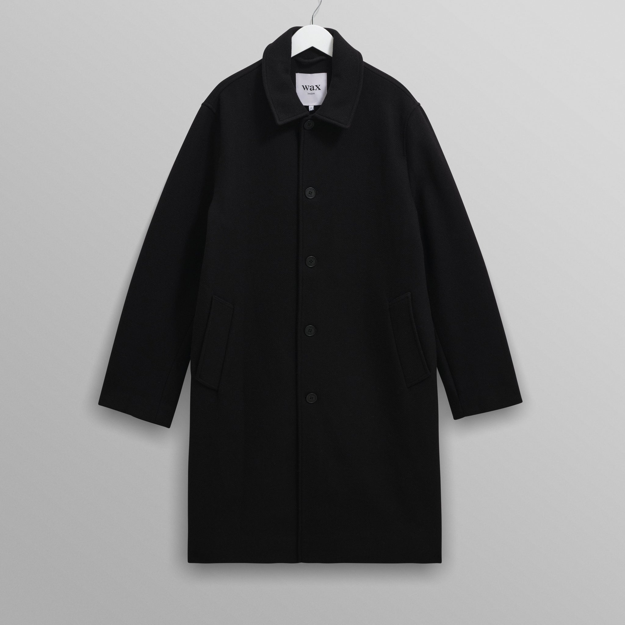 wax london men's Stan - Black Plain Wool Twill Car Coat