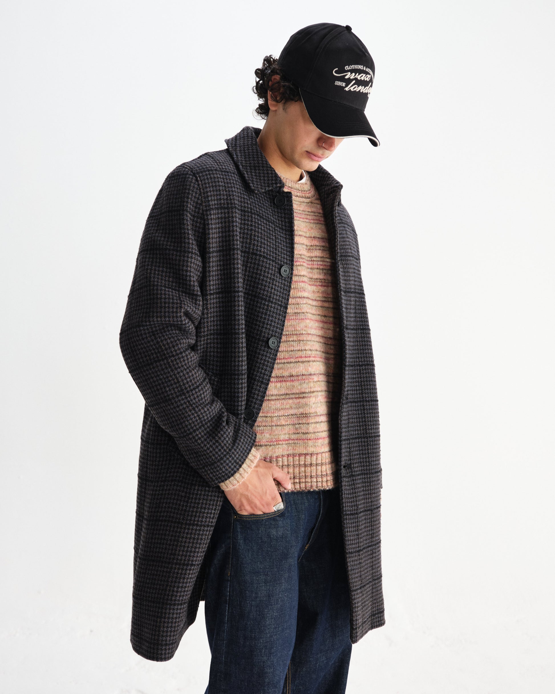 wax london men's Stan - Navy And Grey Puppytooth Check Wool Car Coat