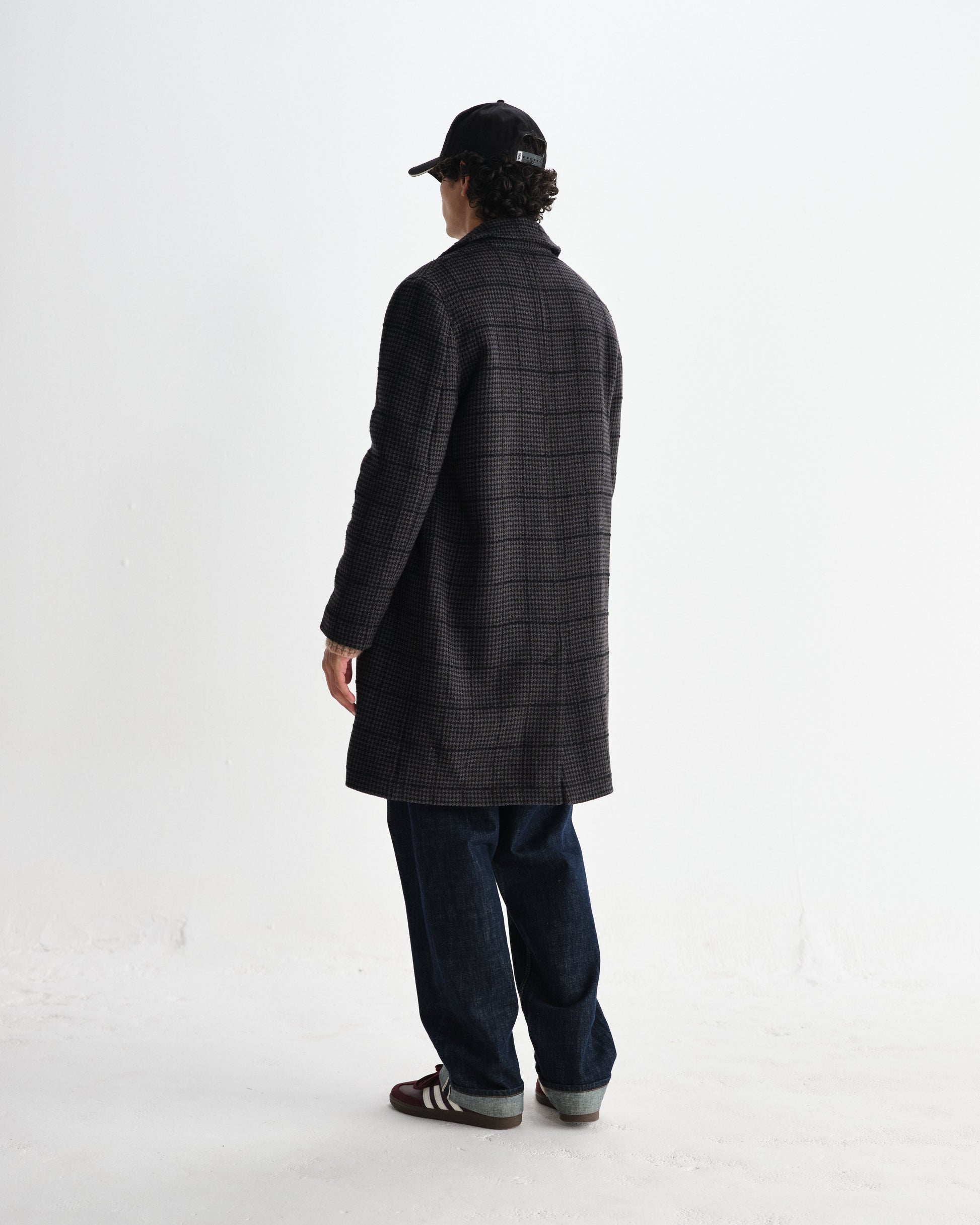wax london men's Stan - Navy And Grey Puppytooth Check Wool Car Coat