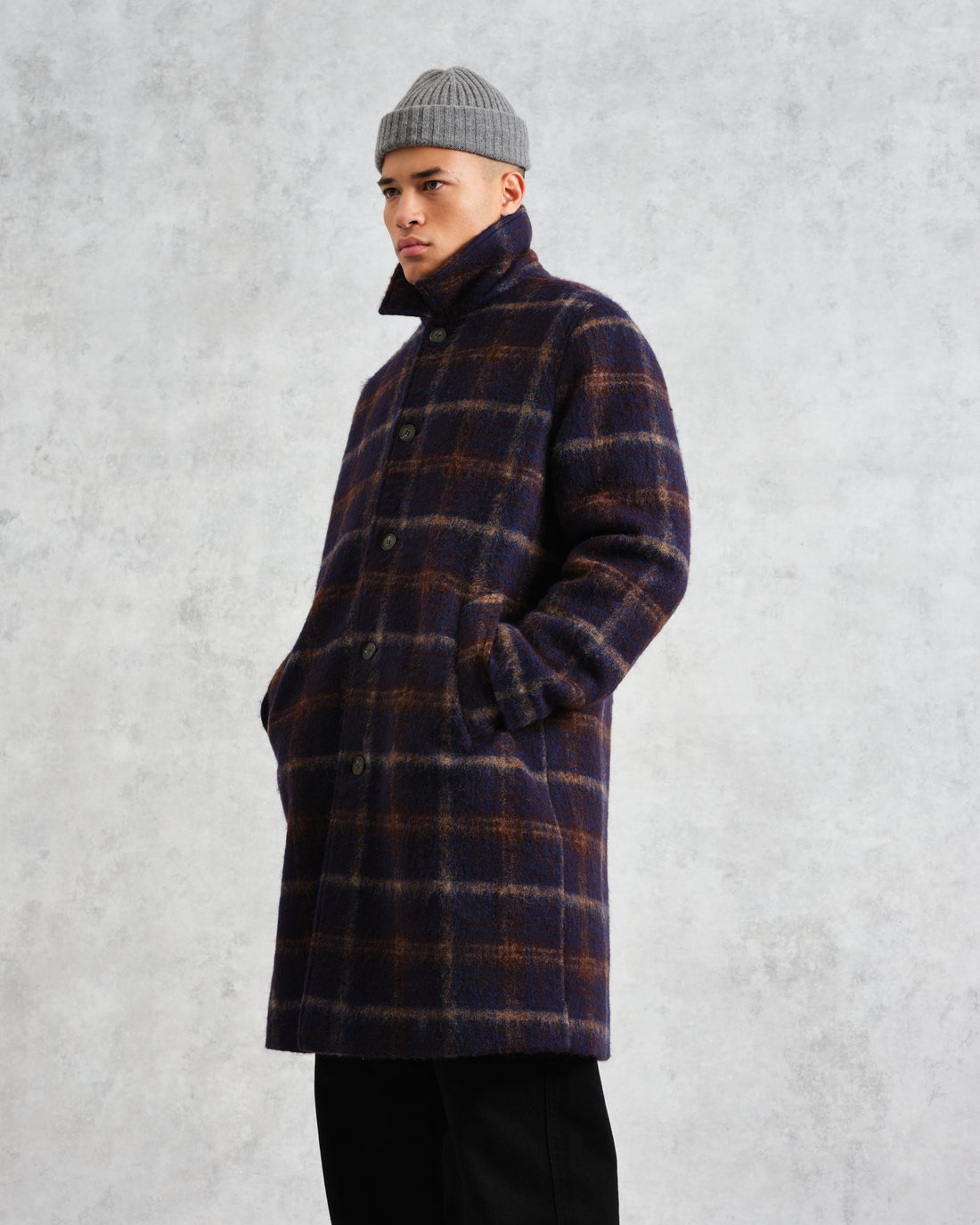 wax london men's Stan - Navy Check Wool Car Coat