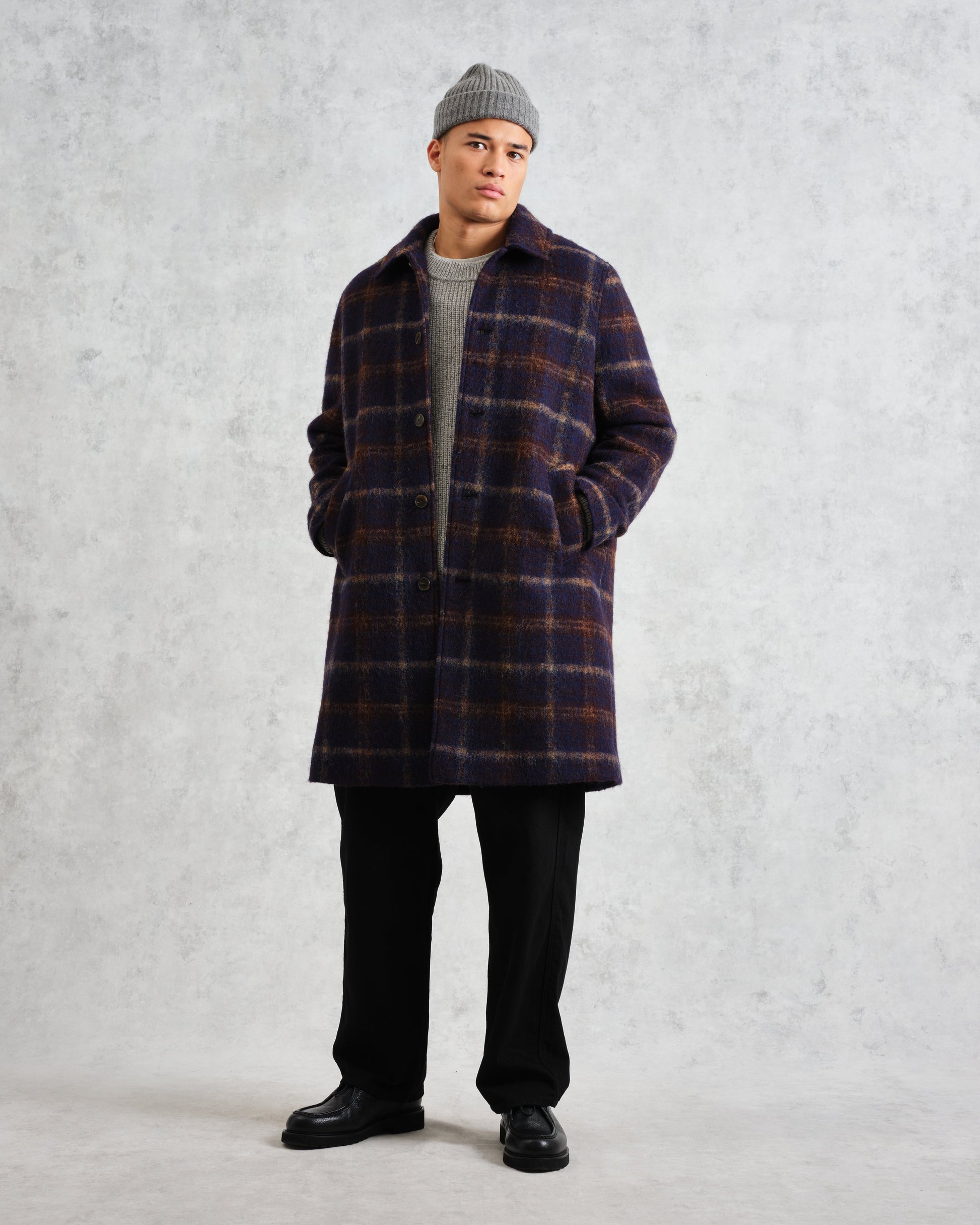 wax london men's Stan - Navy Check Wool Car Coat