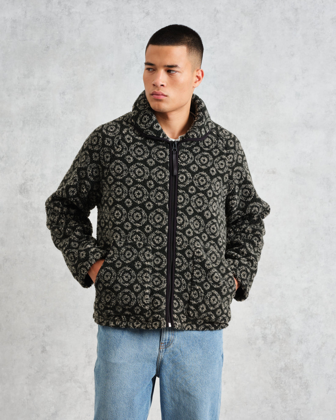 wax london men's Tate - Charcoal Ornate Jacquard Fleece Jacket