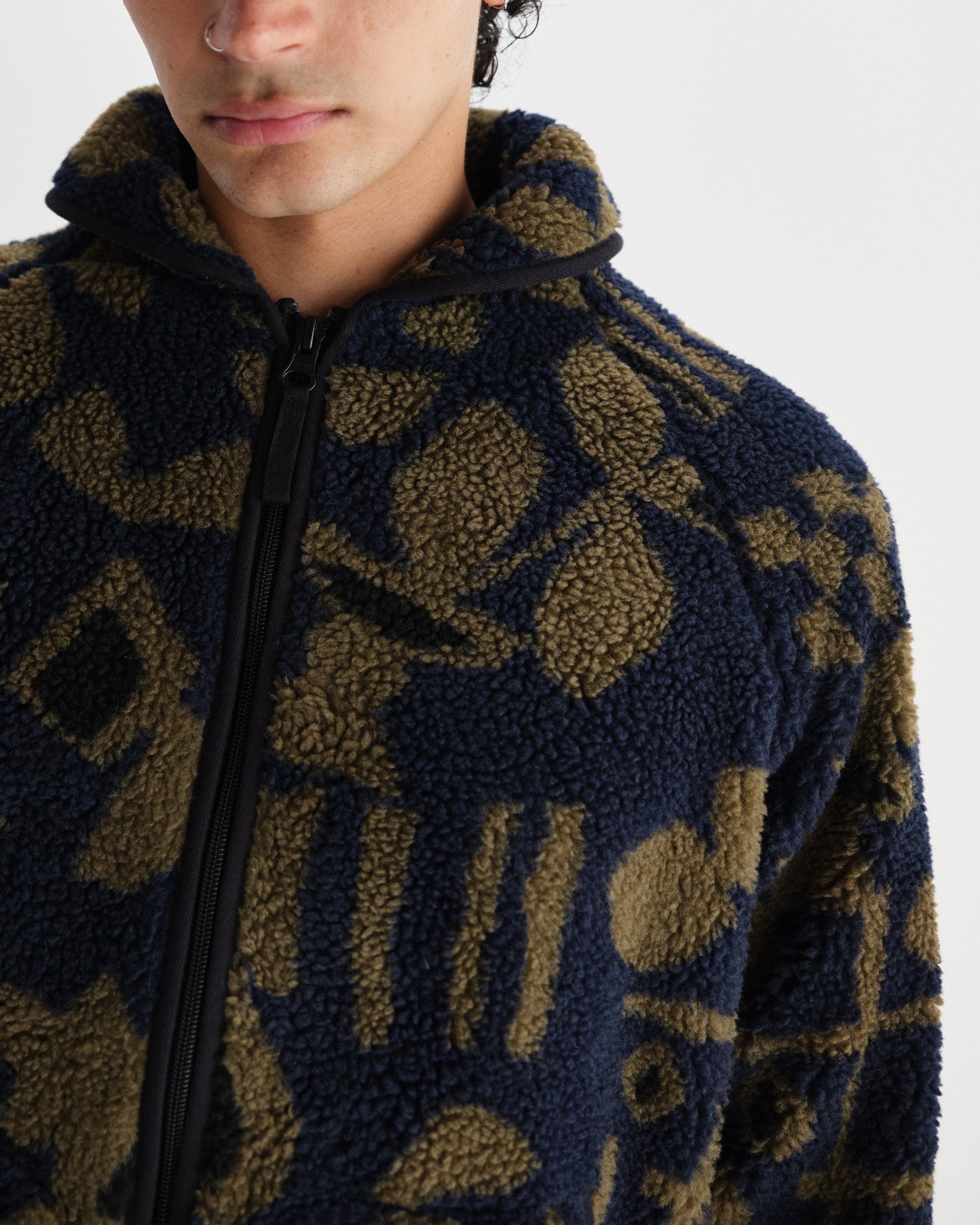 wax london men's Tate - Navy And Khaki Shapes Jacquard Fleece Jacket