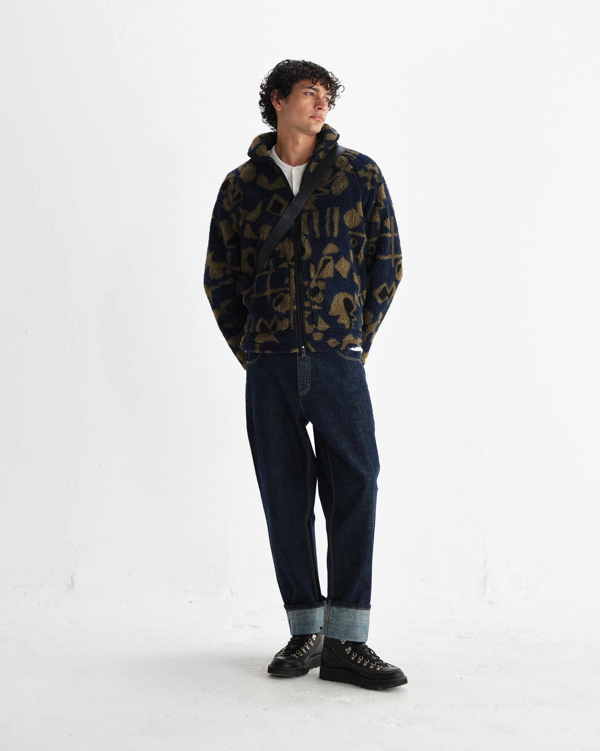 wax london men's Tate - Navy And Khaki Shapes Jacquard Fleece Jacket