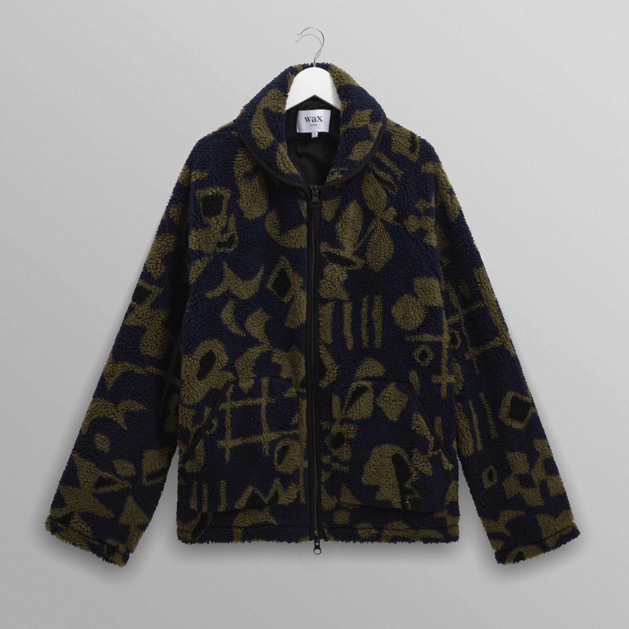 wax london men's Tate - Navy And Khaki Shapes Jacquard Fleece Jacket