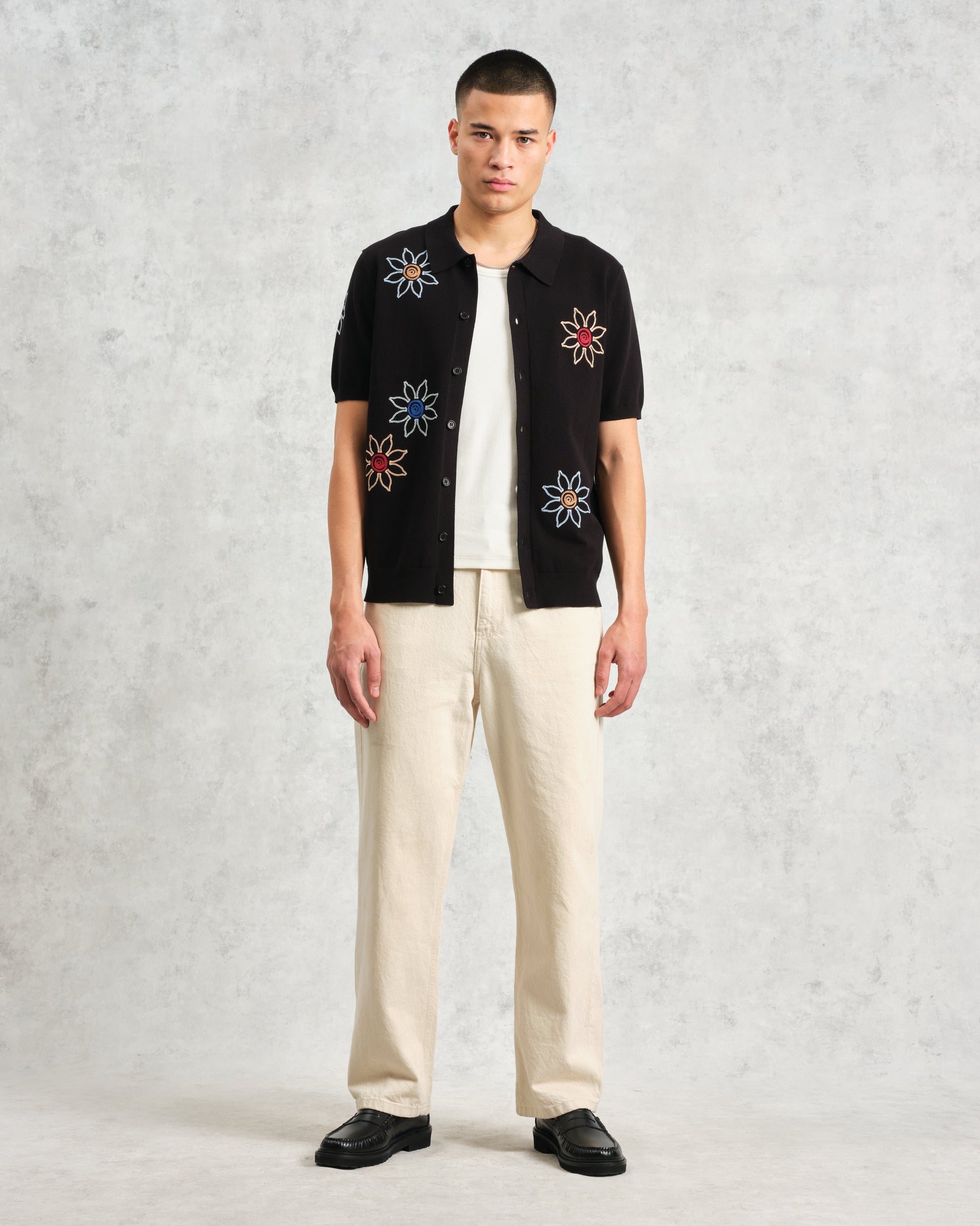 wax london men's Tellaro - Black Embroidered Knitted Cotton Polo