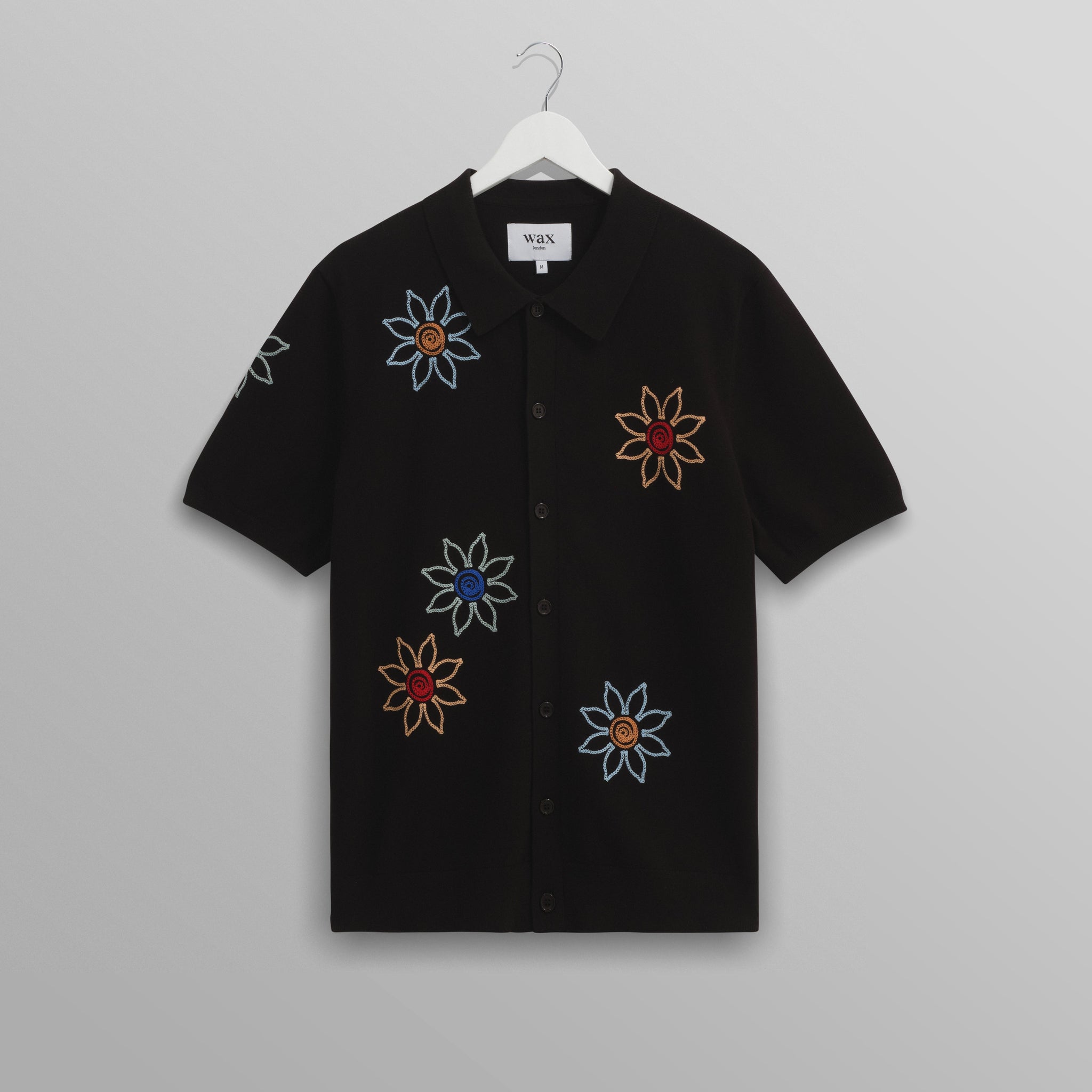 wax london men's Tellaro - Black Embroidered Knitted Cotton Polo