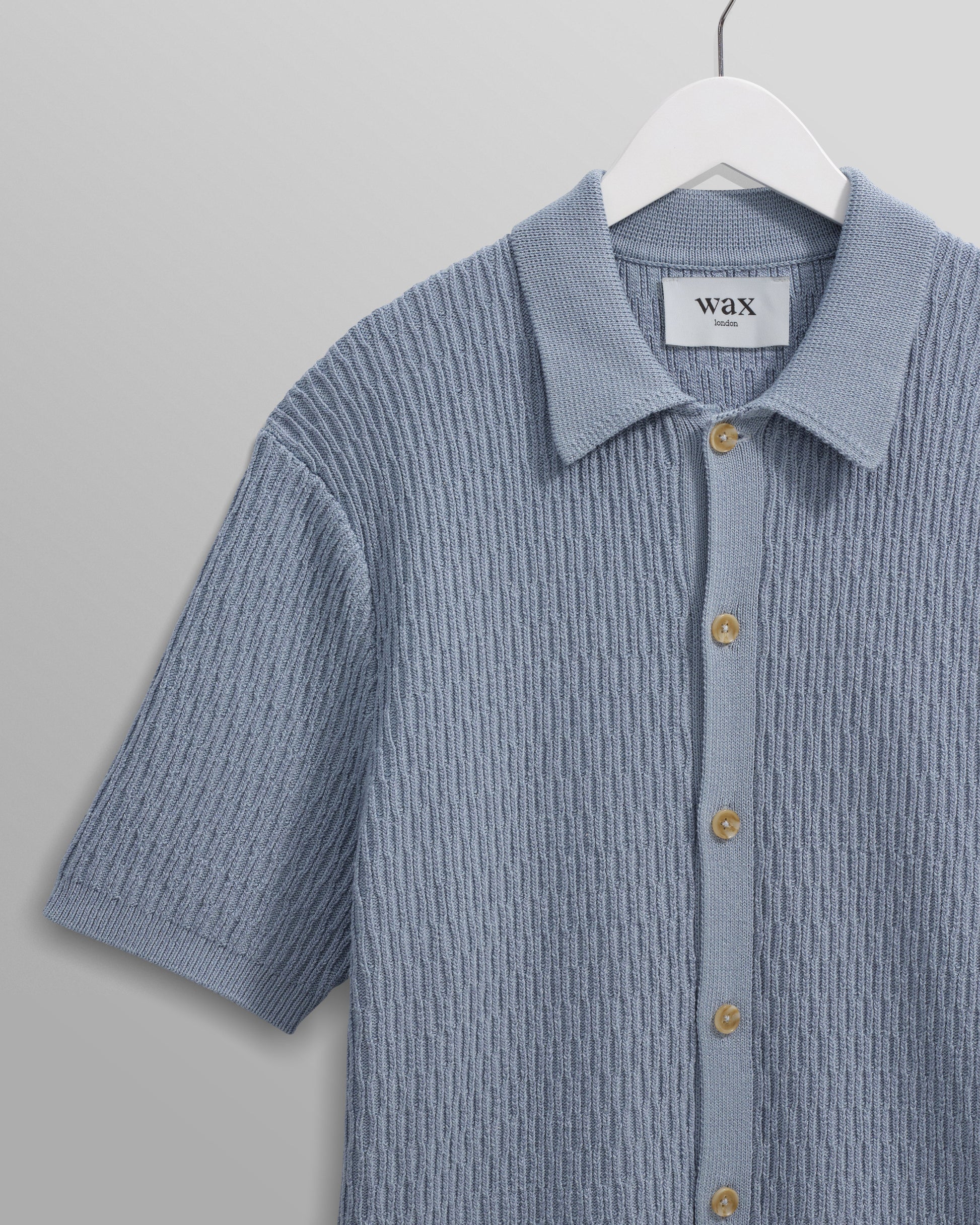 wax london men's Tellaro - Blue Honeycomb Knitted Cotton Polo Shirt