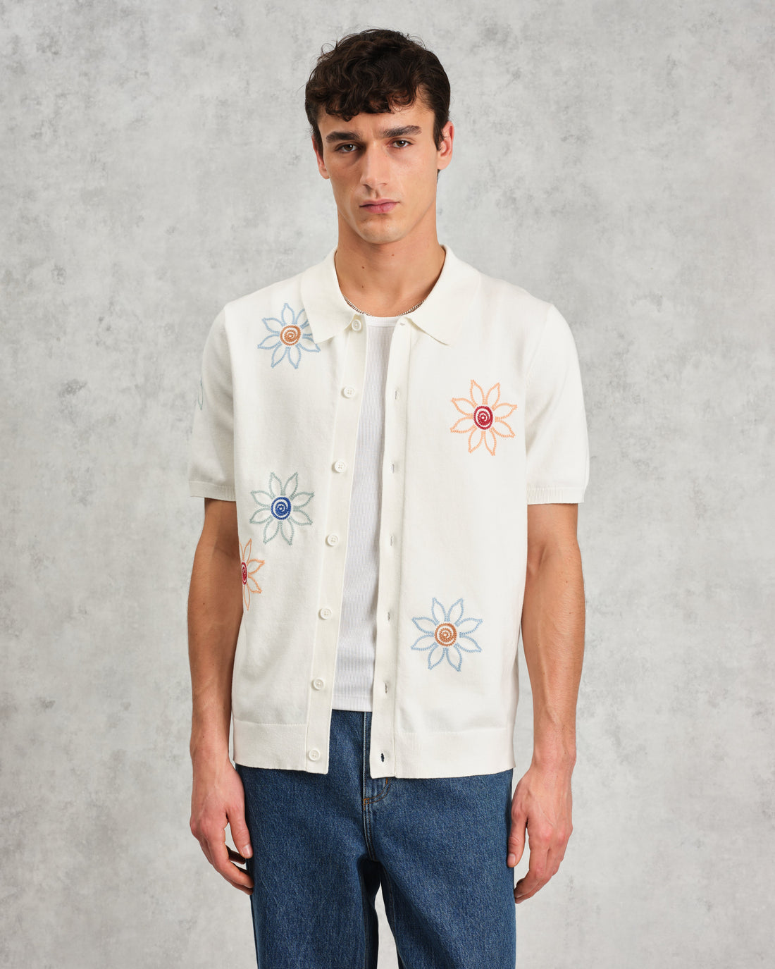 wax london men's Tellaro - Ecru Embroidered Knitted Cotton Polo Shirt