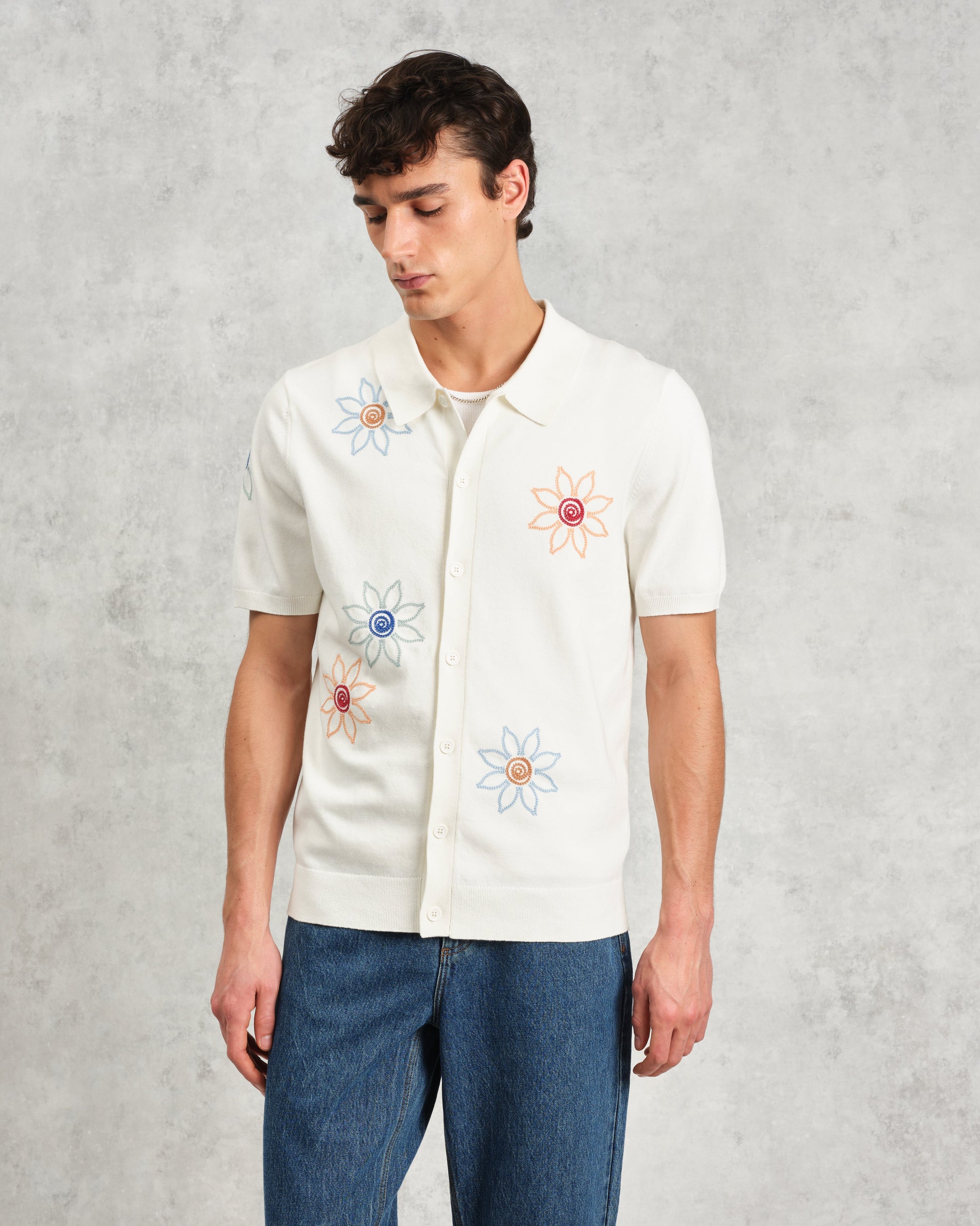 wax london men's Tellaro - Ecru Embroidered Knitted Cotton Polo Shirt