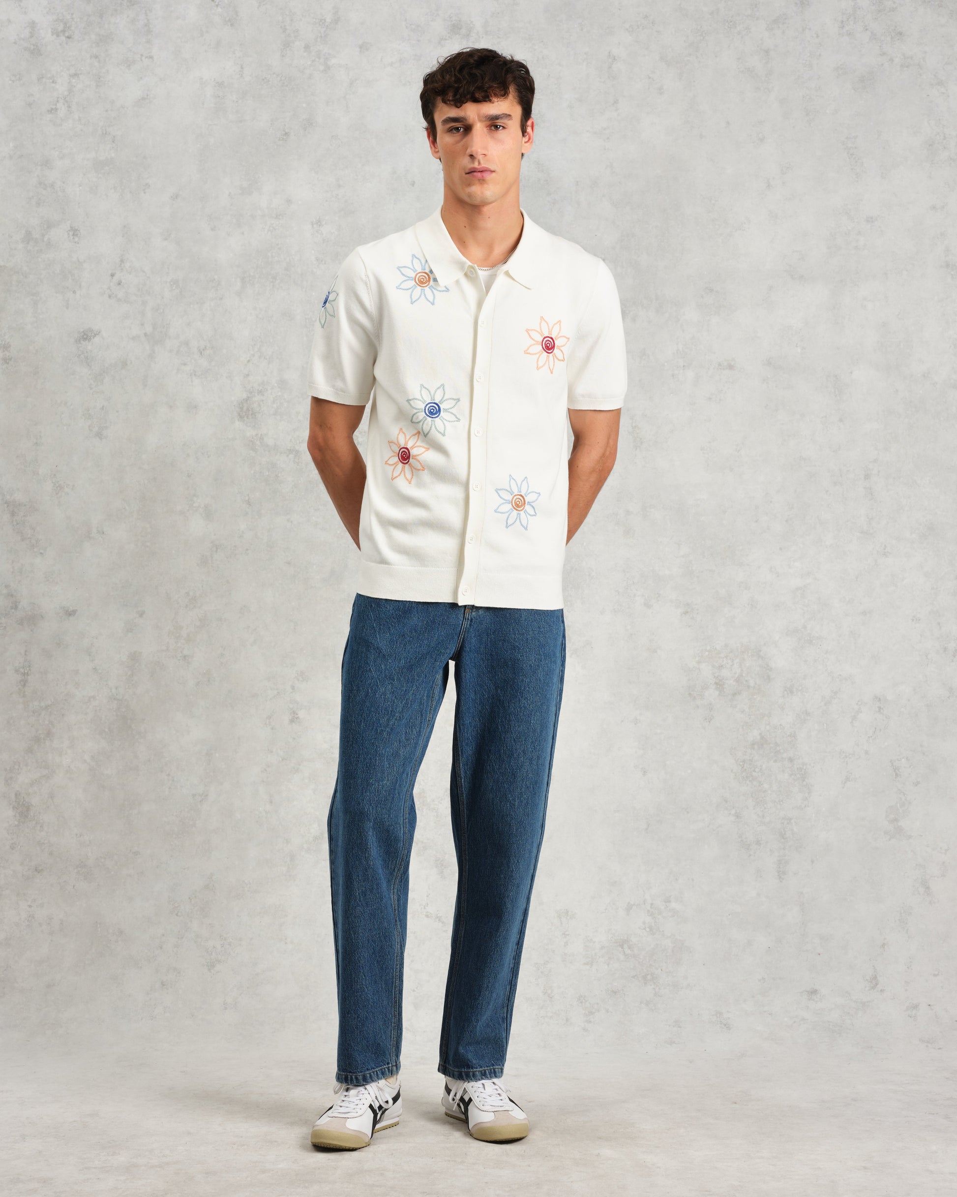wax london men's Tellaro - Ecru Embroidered Knitted Cotton Polo Shirt