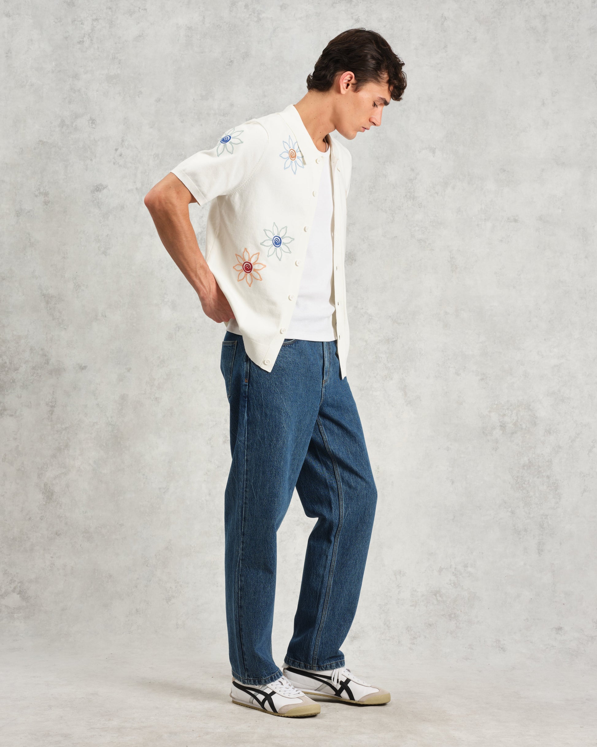 wax london men's Tellaro - Ecru Embroidered Knitted Cotton Polo Shirt