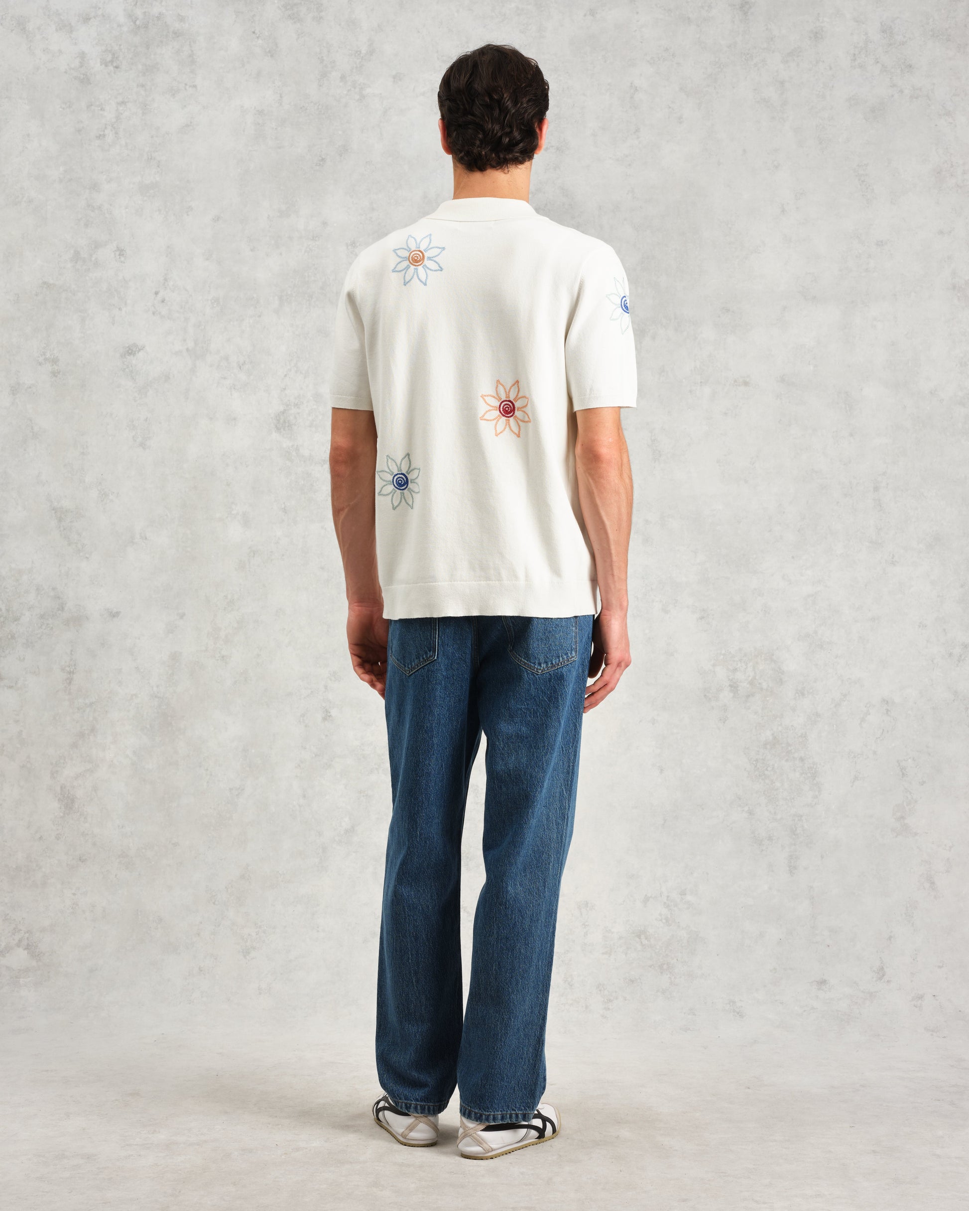 wax london men's Tellaro - Ecru Embroidered Knitted Cotton Polo Shirt