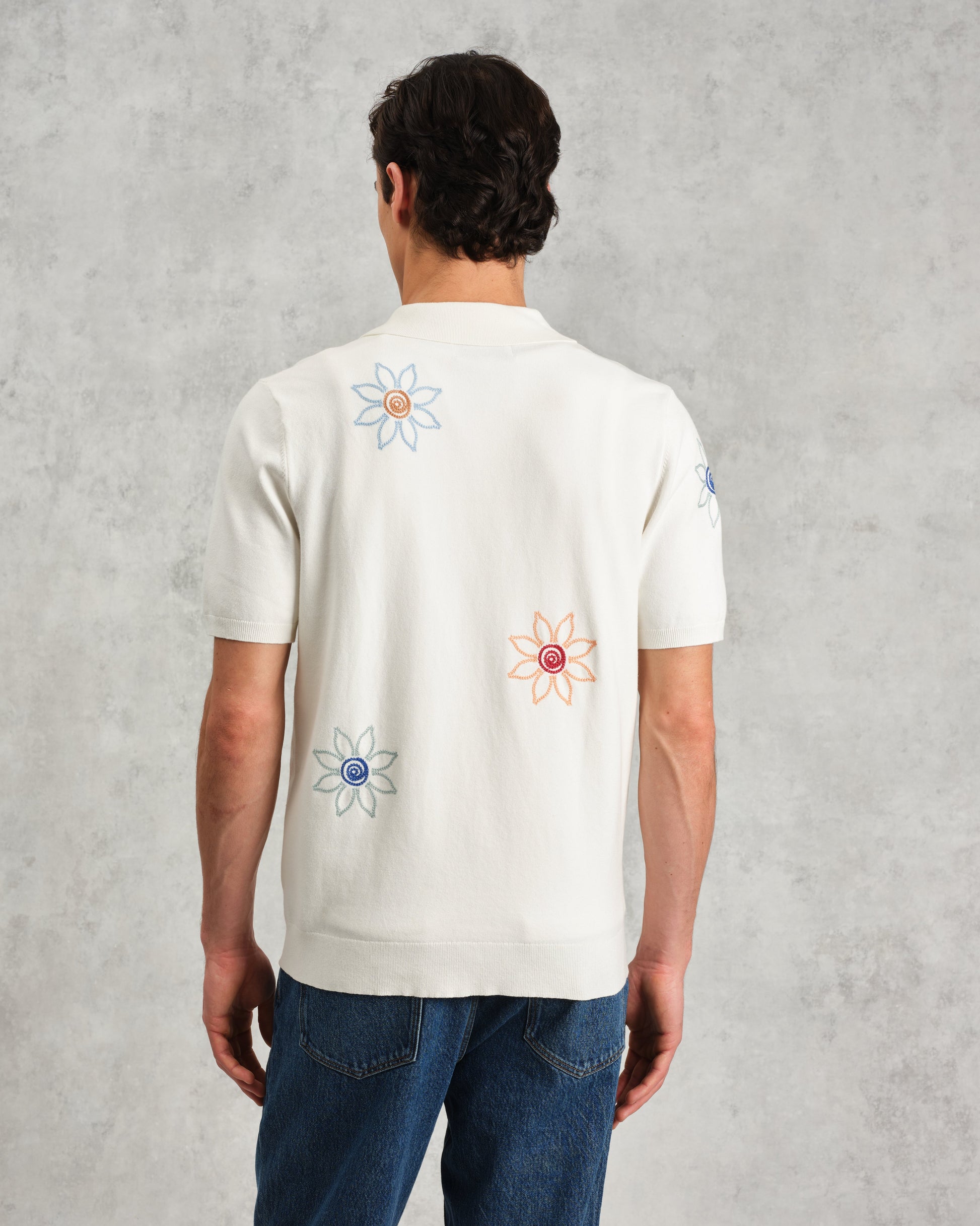 wax london men's Tellaro - Ecru Embroidered Knitted Cotton Polo Shirt