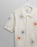 wax london men's Tellaro - Ecru Embroidered Knitted Cotton Polo Shirt