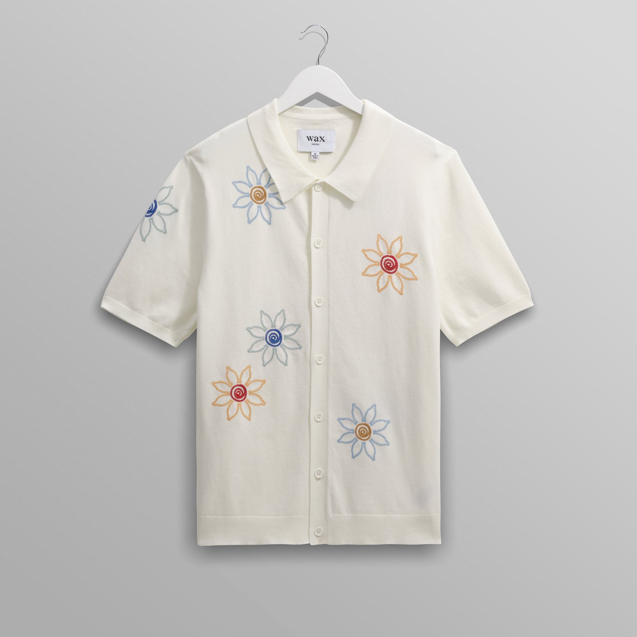 wax london men's Tellaro - Ecru Embroidered Knitted Cotton Polo Shirt