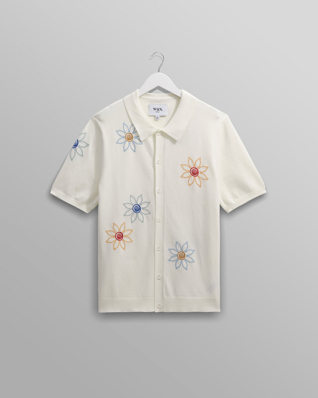 wax london men's Tellaro - Ecru Embroidered Knitted Cotton Polo Shirt