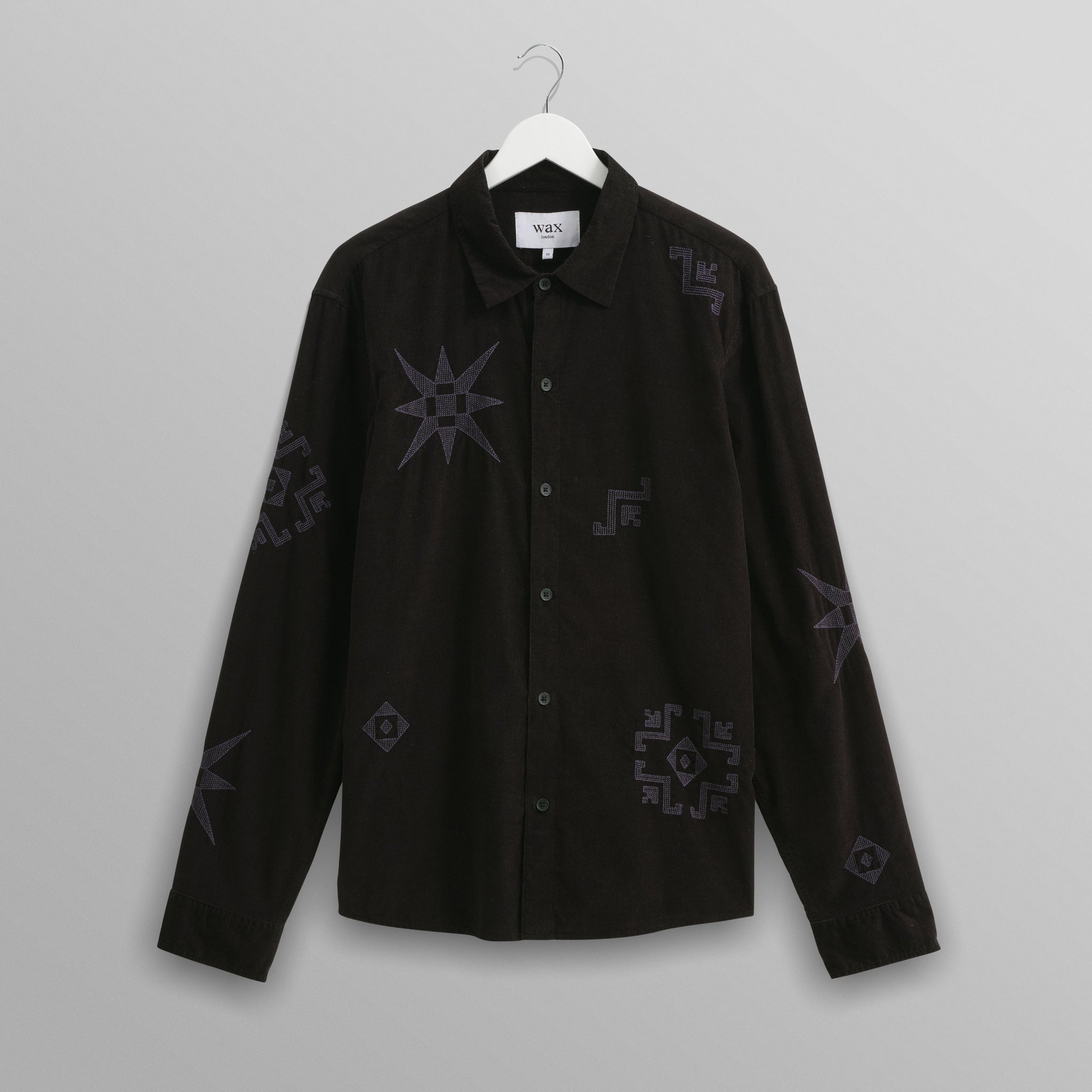 wax london men's Trin - Black Geometrical Embroidered Corduroy Shirt