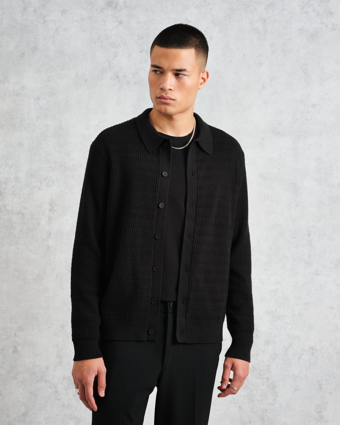 wax london men's Tristan - Black Cable Stitch Knitted Shirt