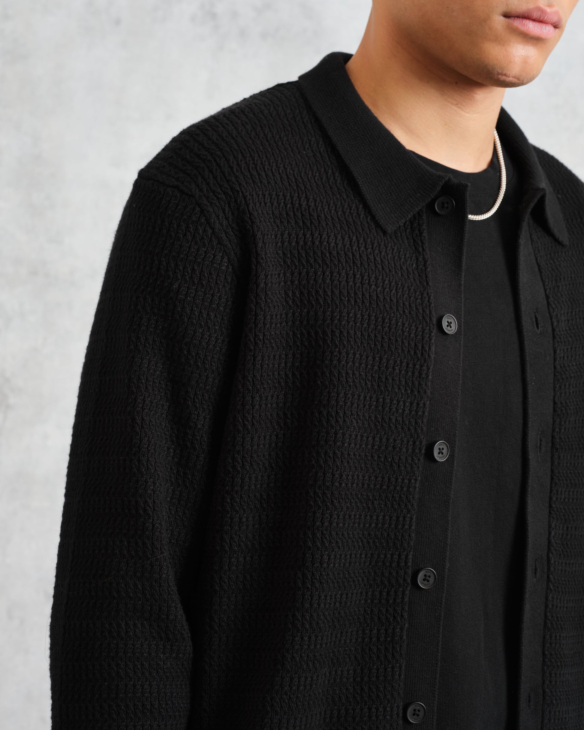 wax london men's Tristan - Black Cable Stitch Knitted Shirt
