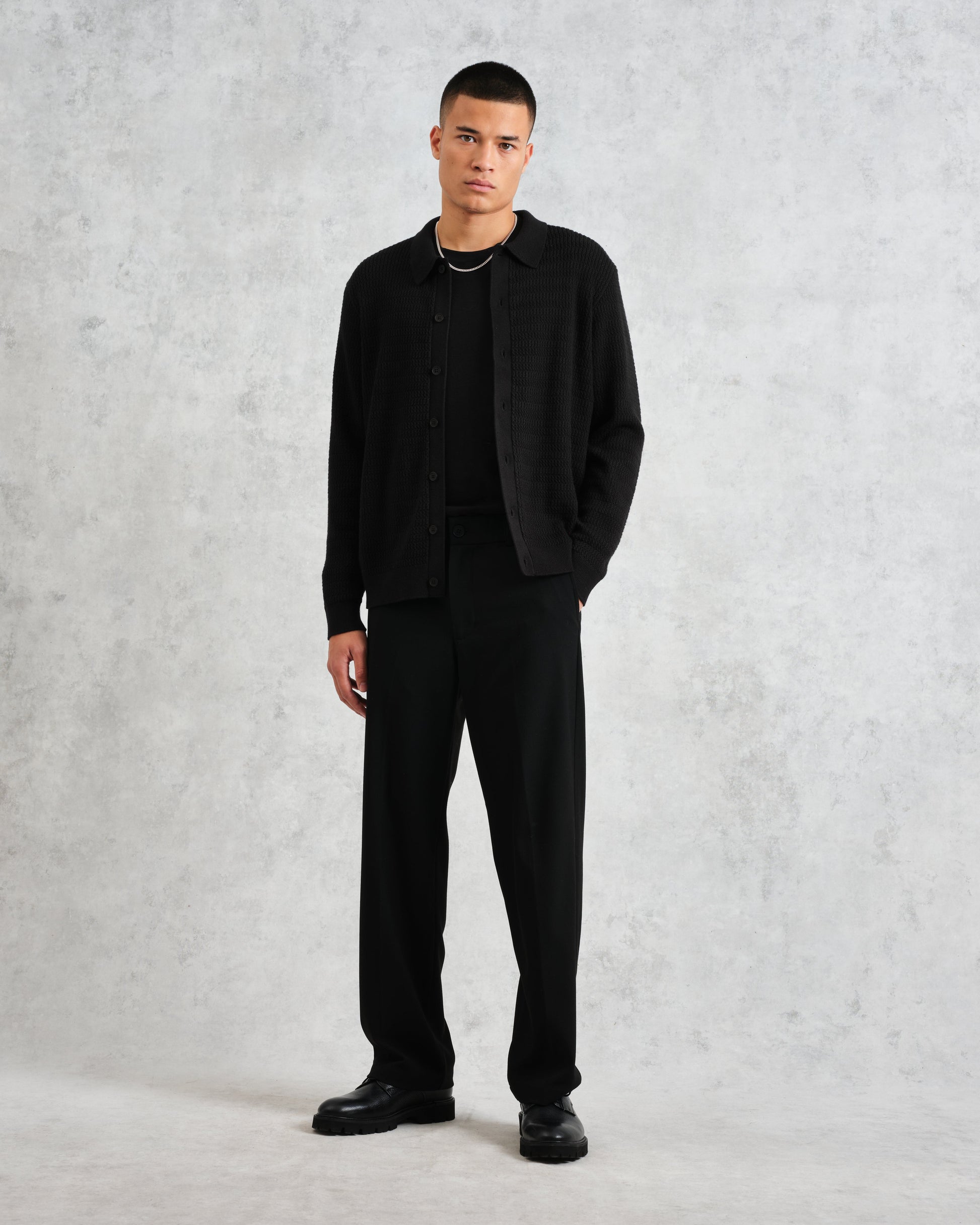 wax london men's Tristan - Black Cable Stitch Knitted Shirt