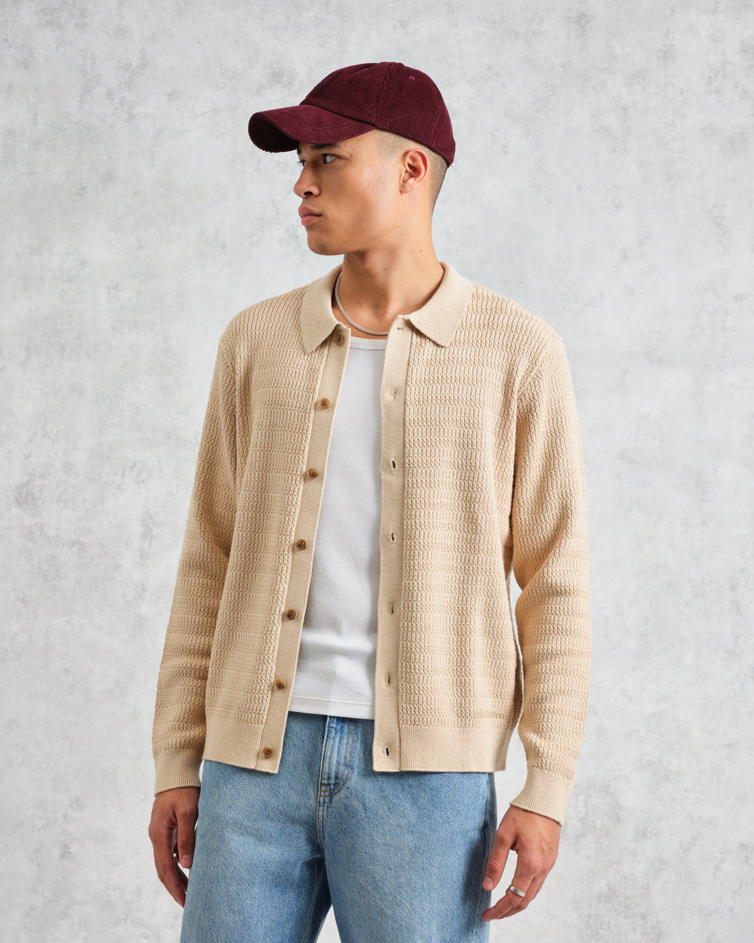 wax london men's Tristan - Sand Cable Stitch Knitted Shirt