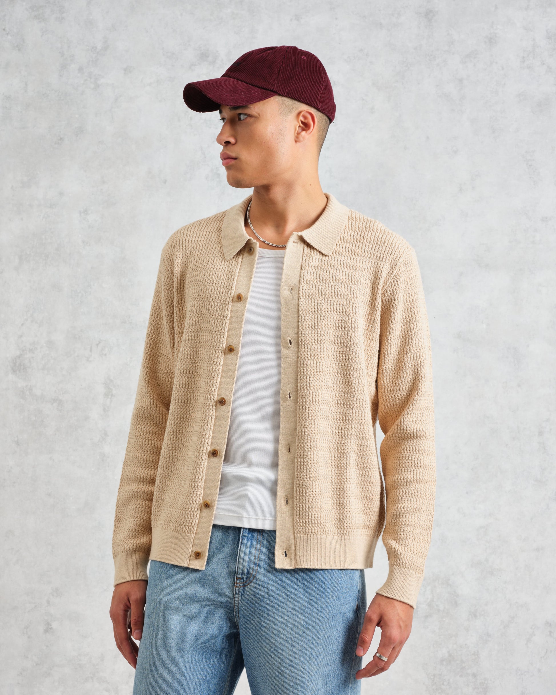 wax london men's Tristan - Sand Cable Stitch Knitted Shirt