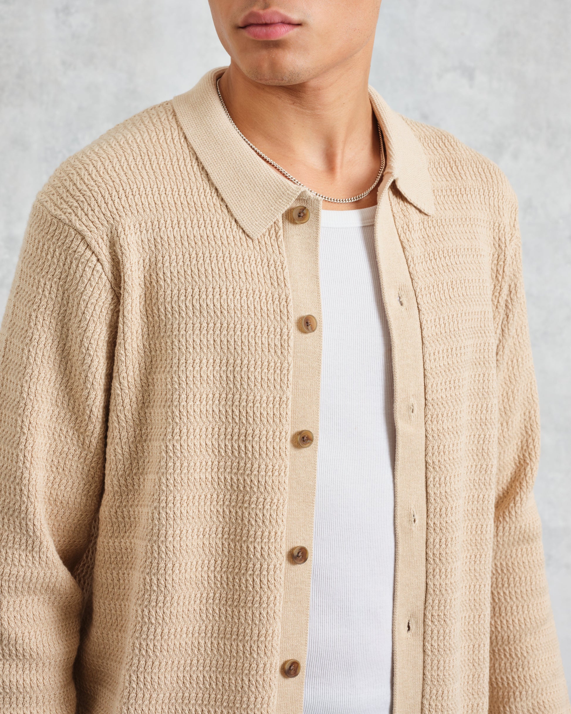 wax london men's Tristan - Sand Cable Stitch Knitted Shirt