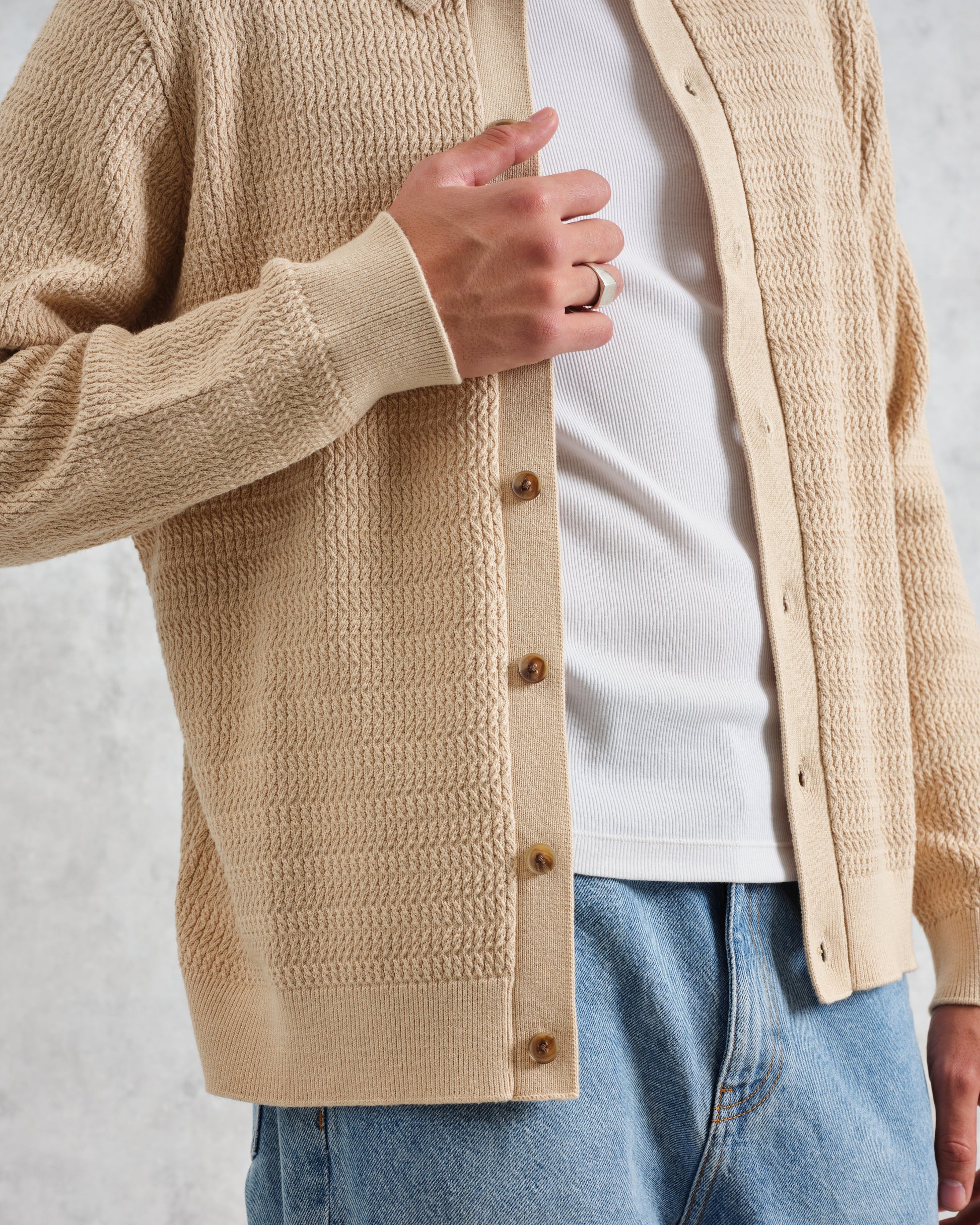 wax london men's Tristan - Sand Cable Stitch Knitted Shirt