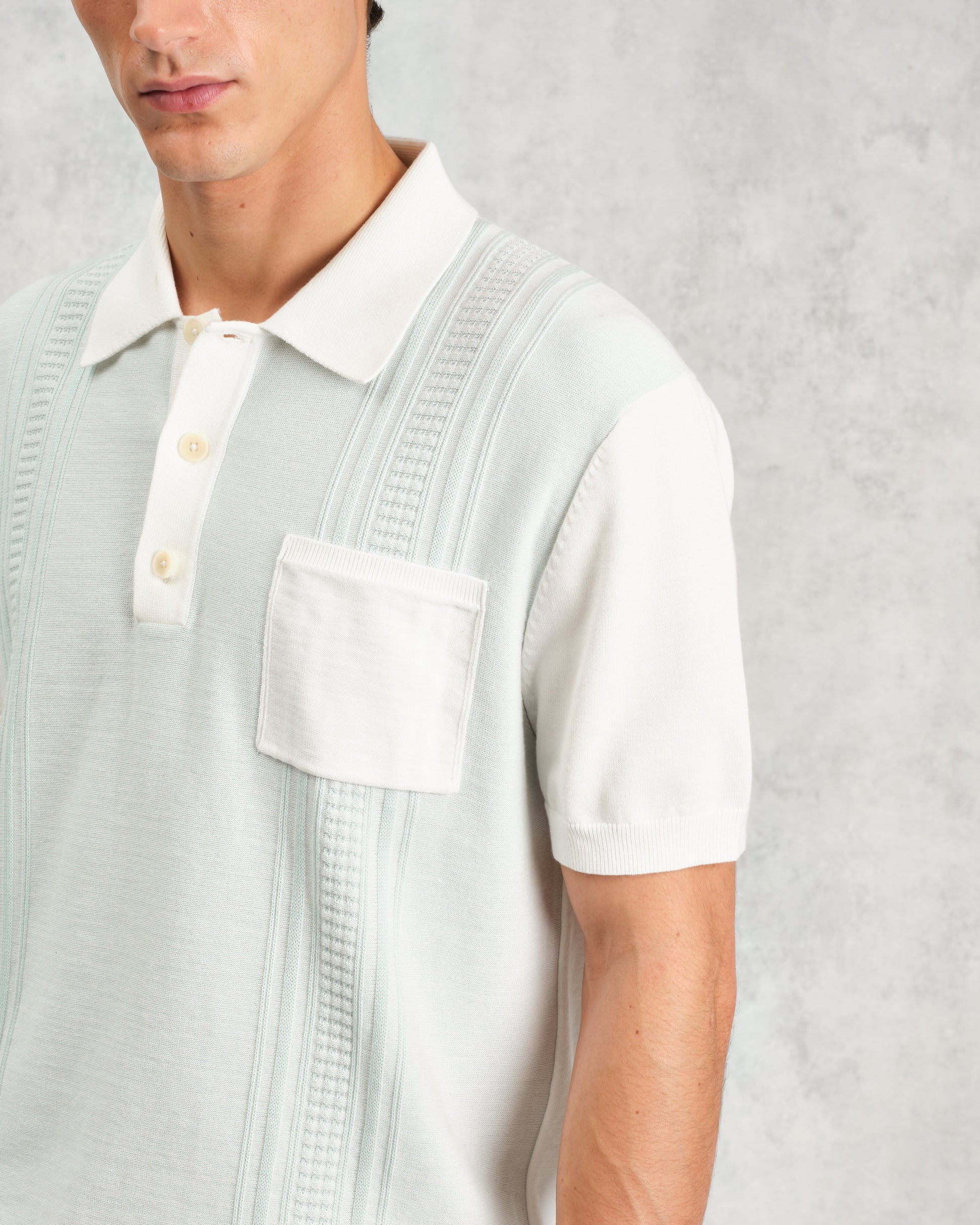 wax london men's Turin - Blue And Ecru Retro Stripe Knitted Cotton Polo
