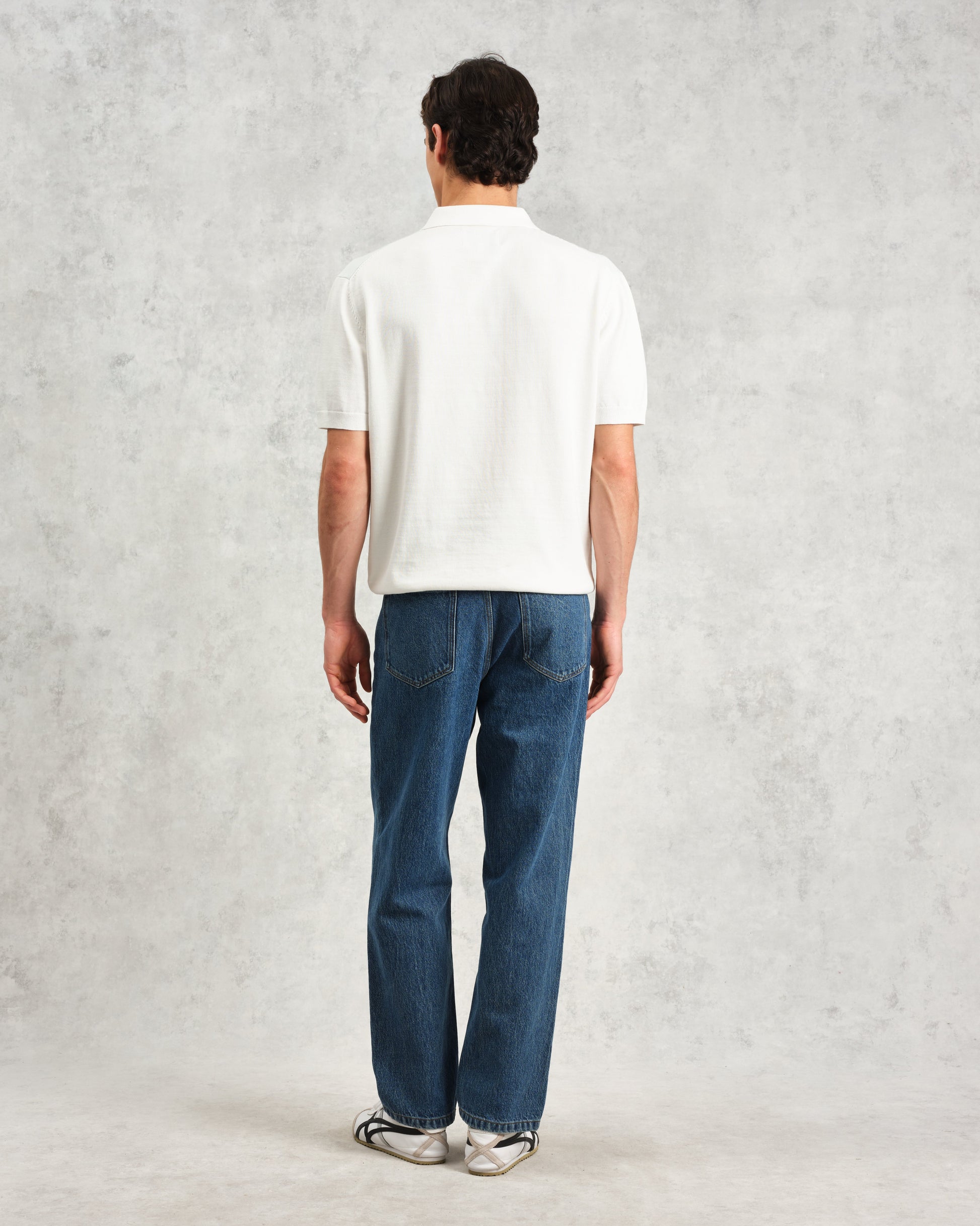 wax london men's Turin - Blue And Ecru Retro Stripe Knitted Cotton Polo