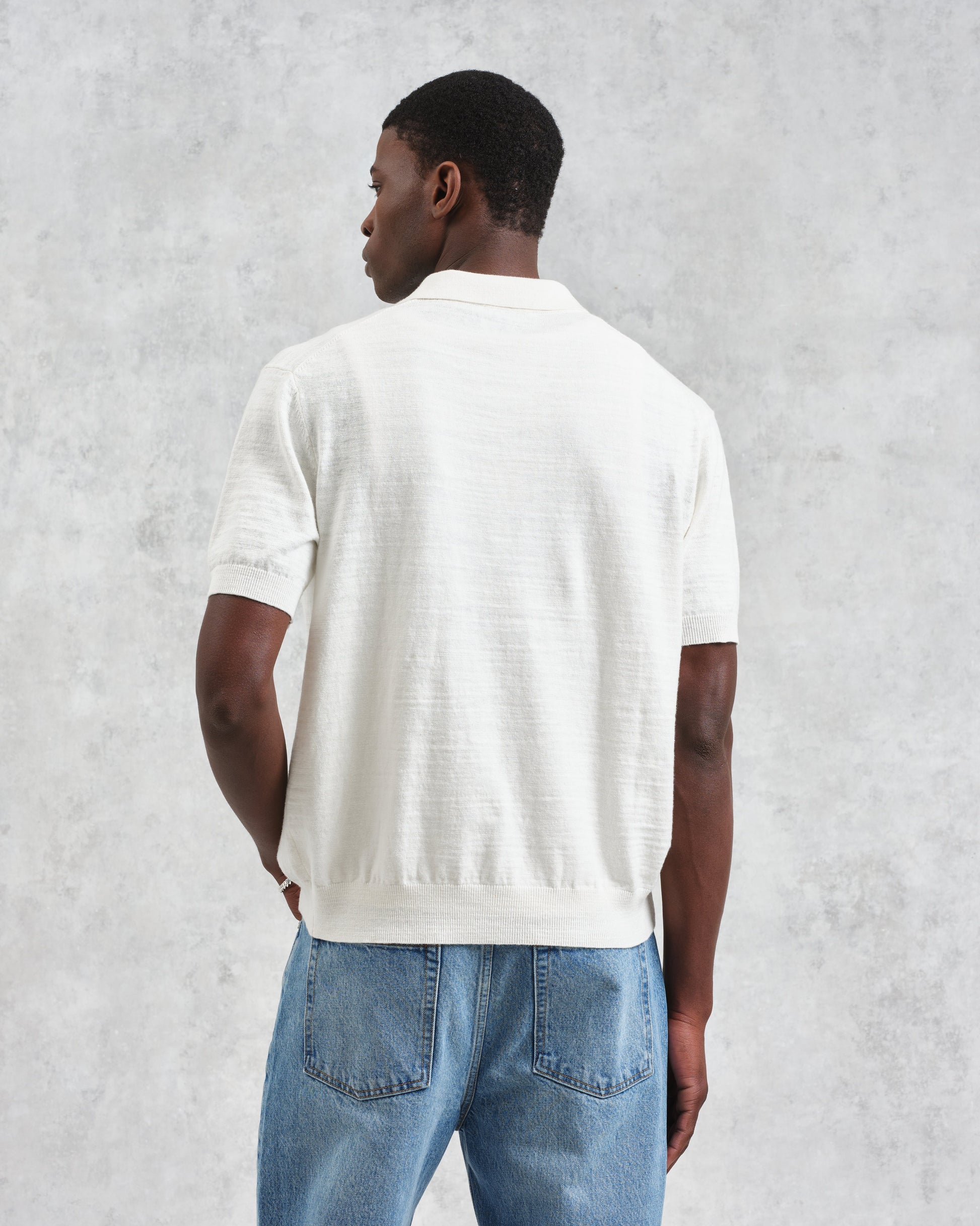 wax london men's Turin - Ecru Slub Knitted Cotton And Linen Polo
