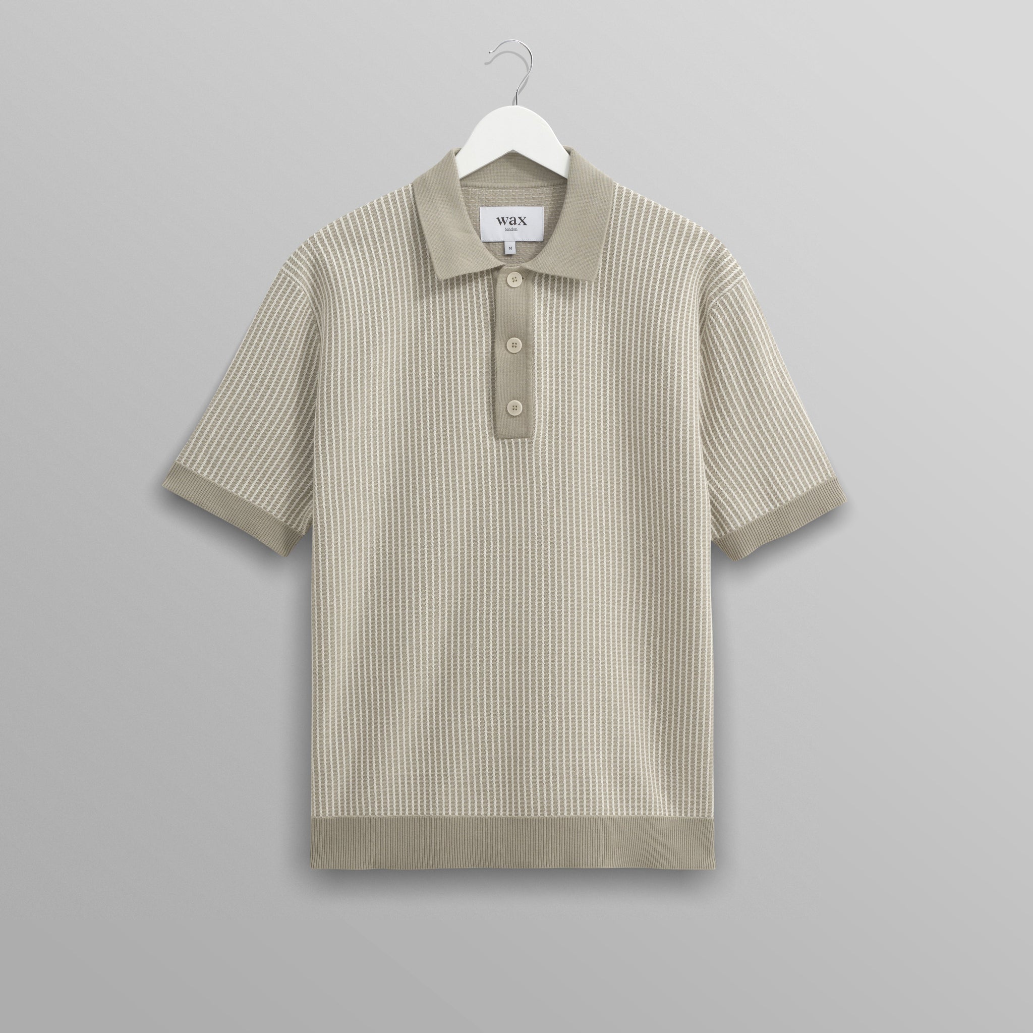 wax london men's Turin - Light Khaki Ladder Stripe Knitted Cotton Polo