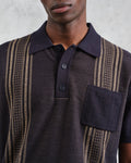 wax london men's Turin - Navy And Khaki Retro Stripe Knitted Cotton Polo