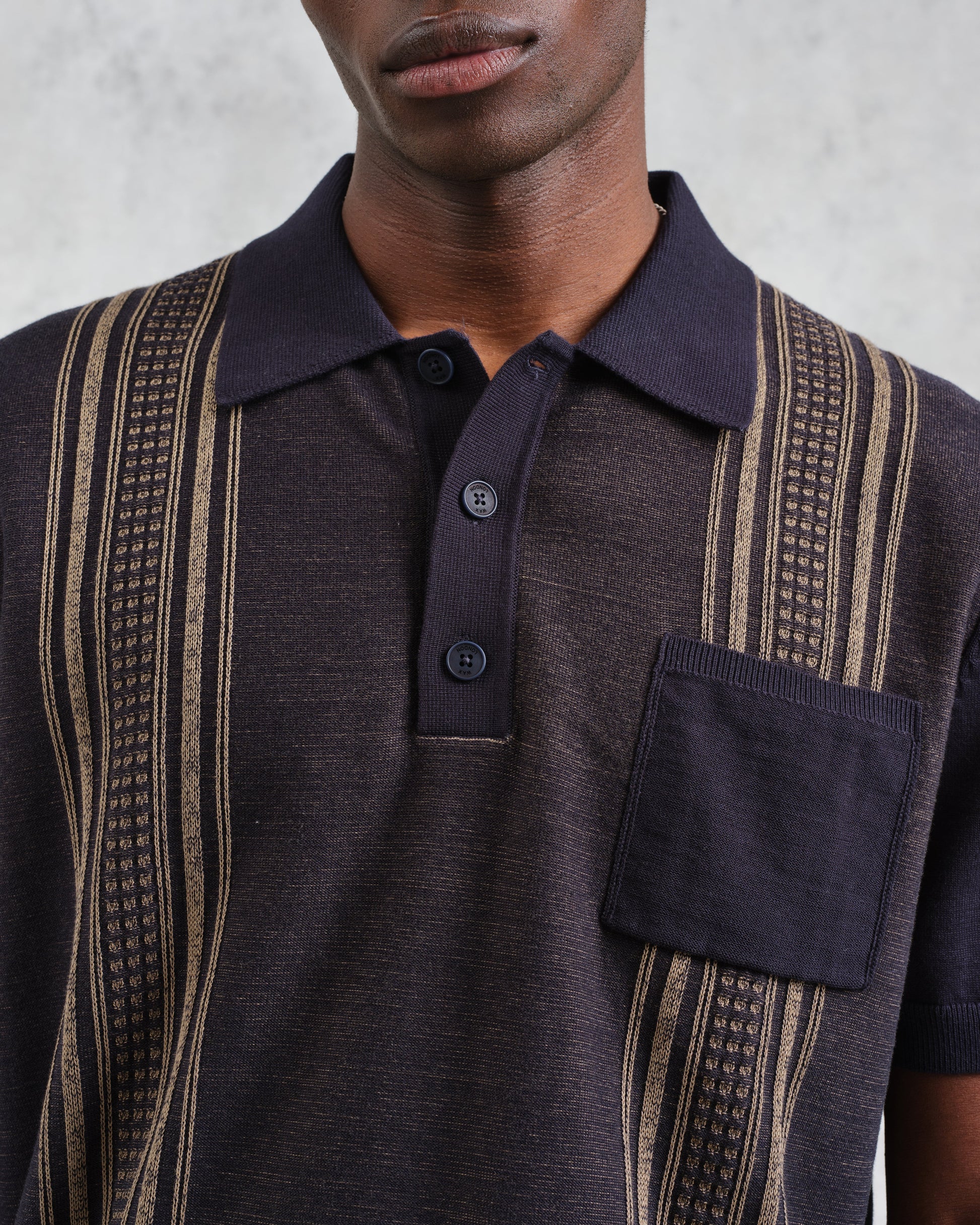 wax london men's Turin - Navy And Khaki Retro Stripe Knitted Cotton Polo