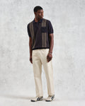 wax london men's Turin - Navy And Khaki Retro Stripe Knitted Cotton Polo