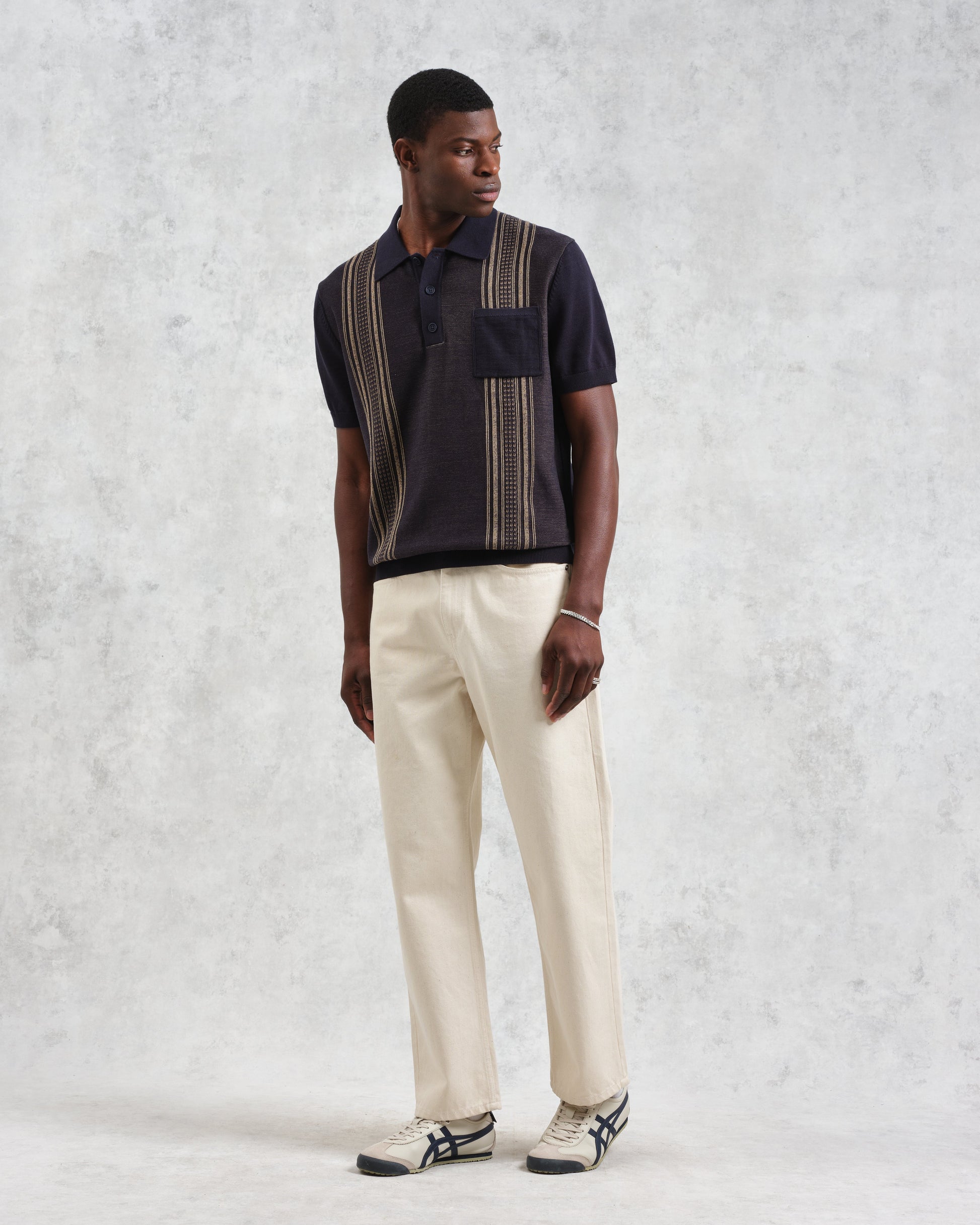 wax london men's Turin - Navy And Khaki Retro Stripe Knitted Cotton Polo
